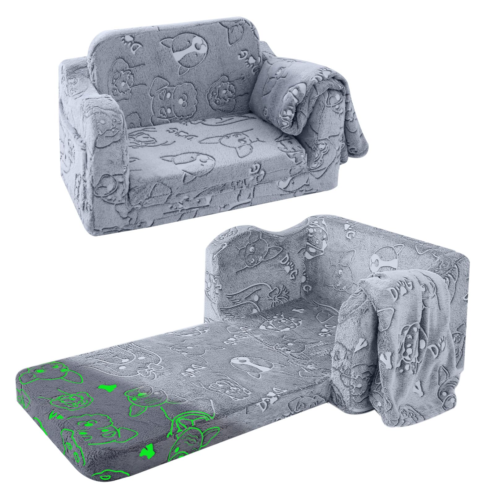 MeMoreCool Toddler Fold Out Chair for Girls Boys, Glow in Dark Comfy Folding Baby Couch Convertible to Lounge, Flip Out Kids Sof
