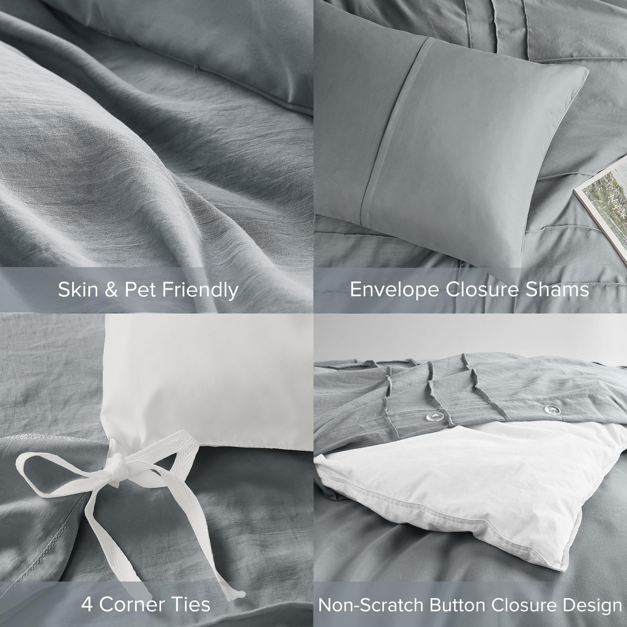 Comfort Spaces Blue/Grey King Size Duvet Cover Set - 3 Pieces Pintuck Pleated Duvet Cover King, All Season Lightweight, Extra Softness Pre-Washed Microfiber King Bedding Cover Shams, King