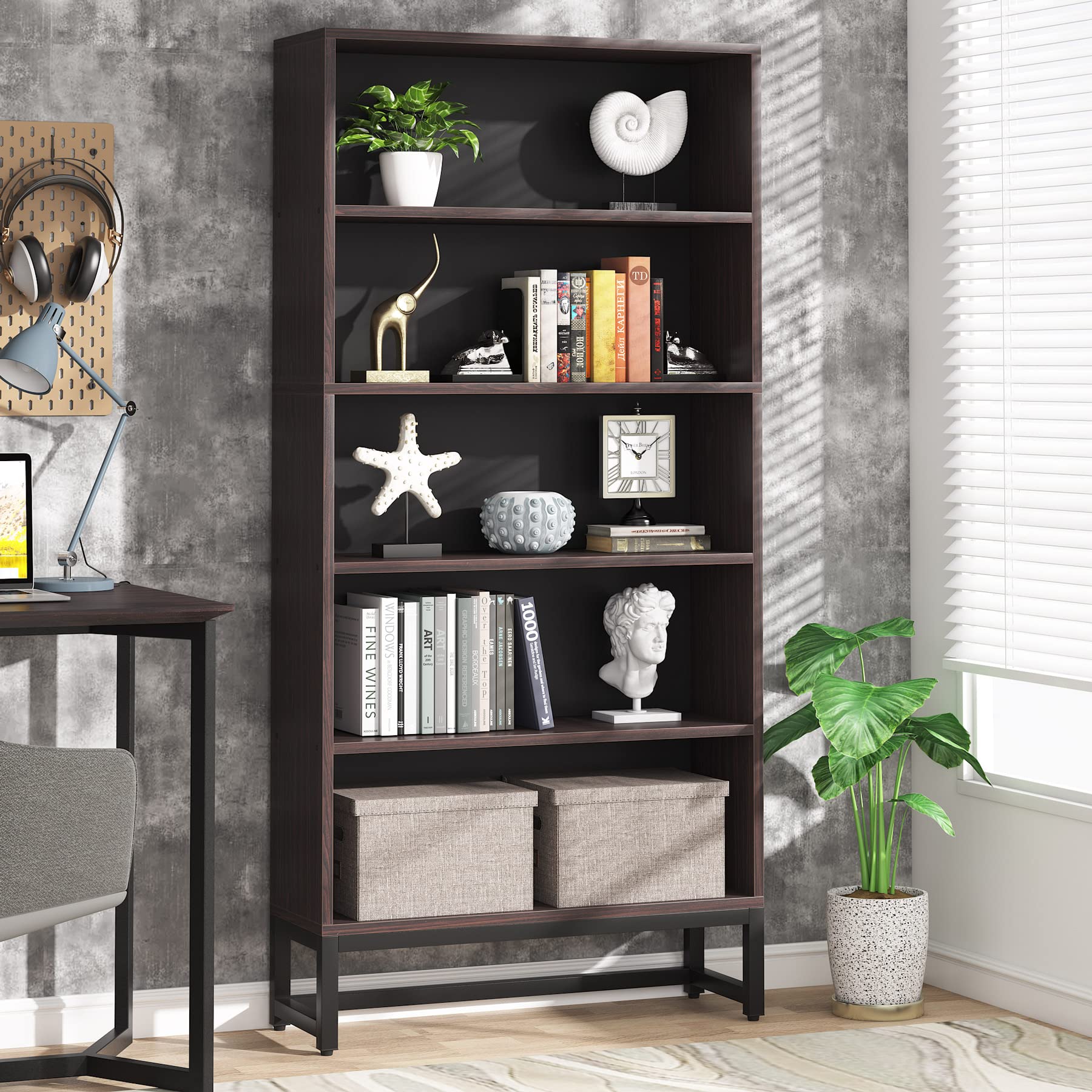 Tribesigns Tall Bookcase And Bookshelf, 70.8” Large Bookcases Organizer With 5-Tier Storage Shelves, Heavy Duty Free-Standing Library Bookshelf Shelving Unit For Living Room, Bedroom (Sandalwood)