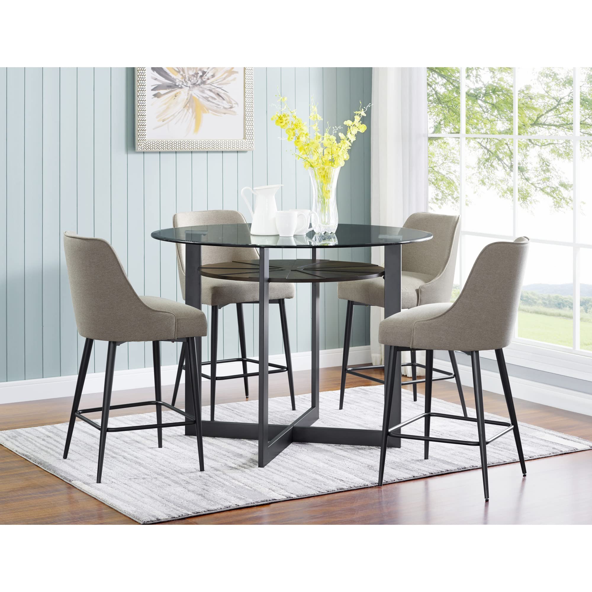 Steve Silver Co Olson Counter Chair, Set of 2 Chairs, Modern Style, Mid-Century Design, Khaki Fabric, Iron Legs, Dining Room/Area, Kitchen, Upholstered Fabric, 21" D x 19" W x 38" H, Khaki