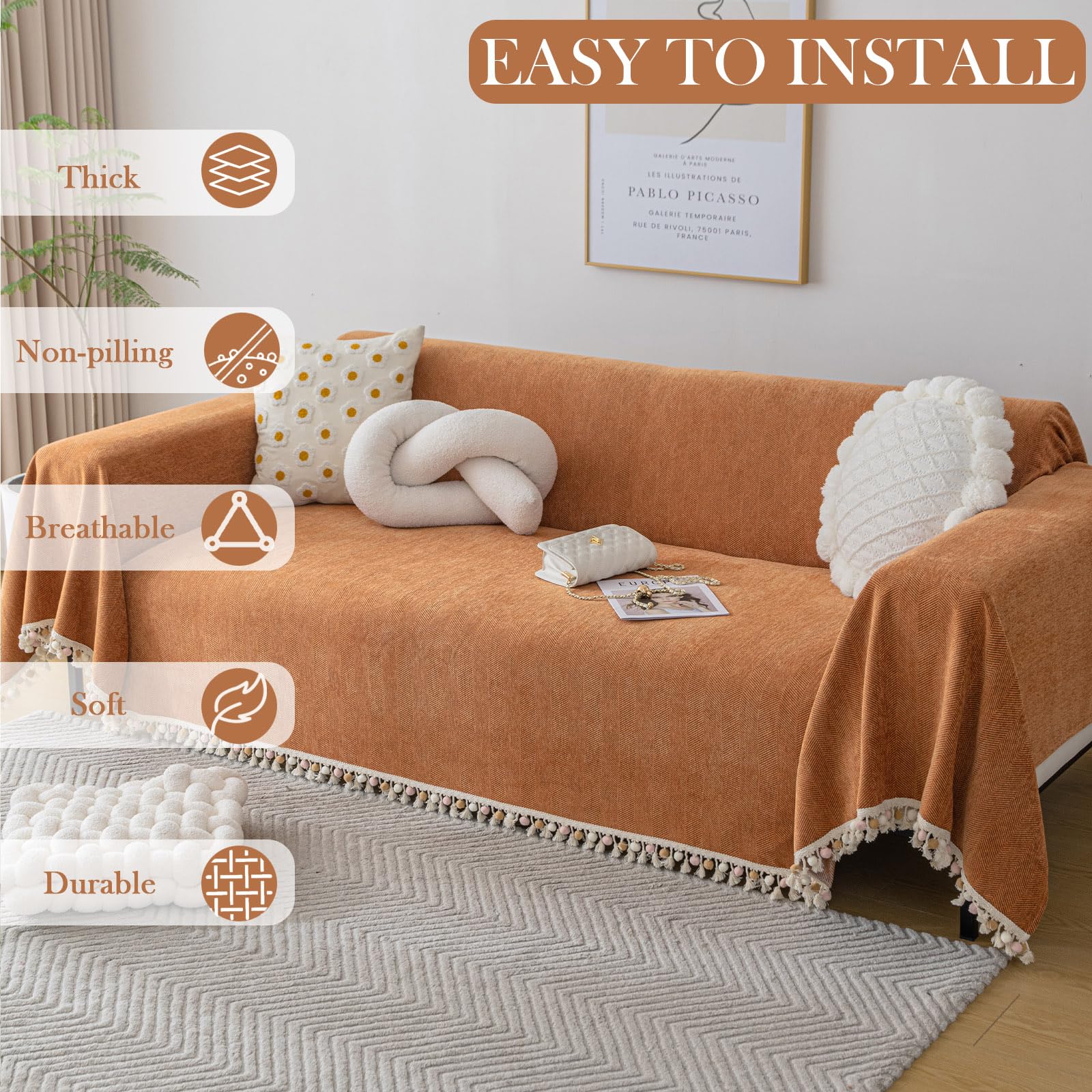 Handontime Dark Orange Sofa Covers Couch Cover For Dogs Colorful Tassel Sofa Seat Cover Lovetseat Cover Pet Couch Cover Bohemian Sofa Cover For Couch Vintage Boho Couch Covers Futon Cover, 71' X118'