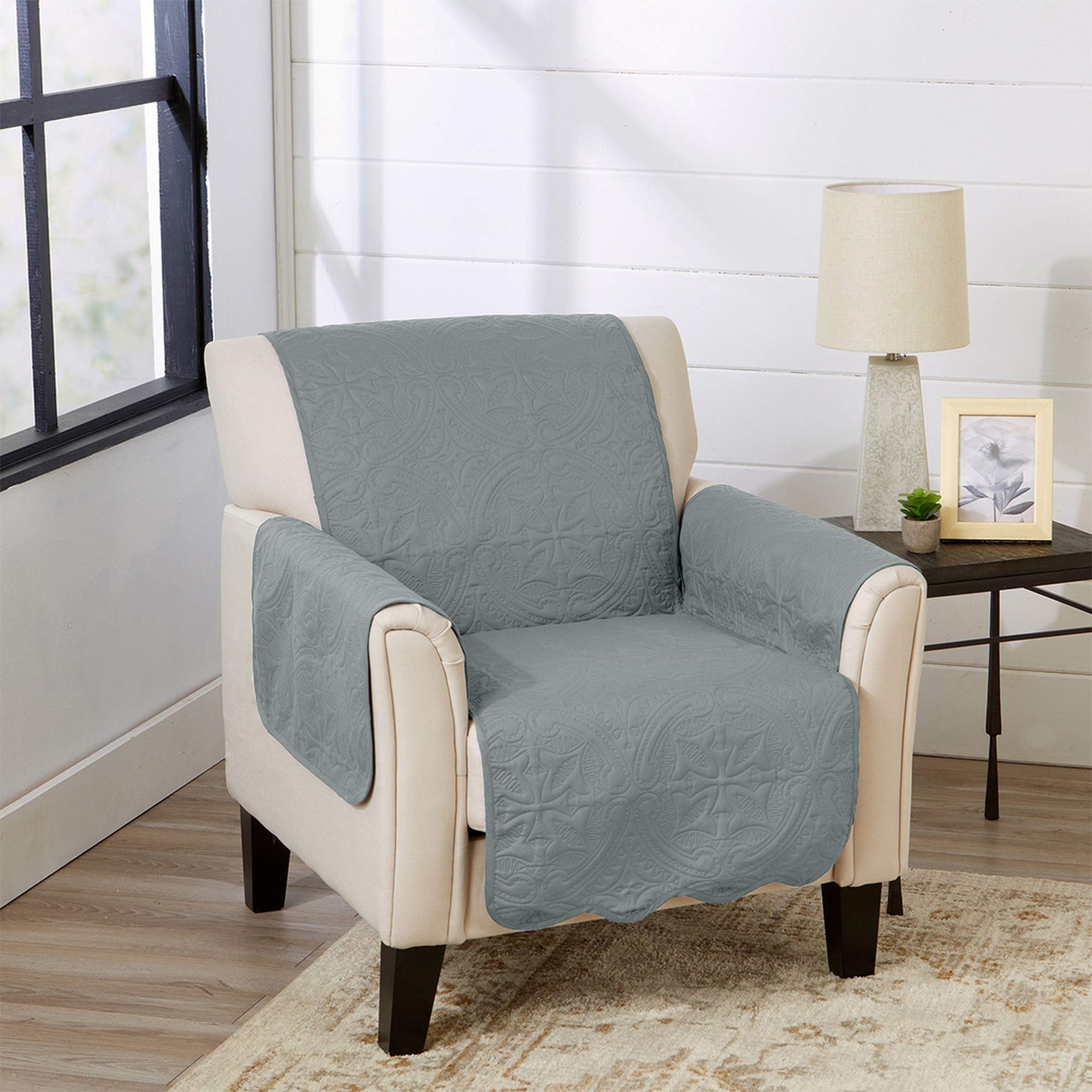 Medallion Stitched Solid Furniture Protector Stain Resistant Durable Furniture Protector Elenor Collection (Chair, Mirage Gray/Flax)