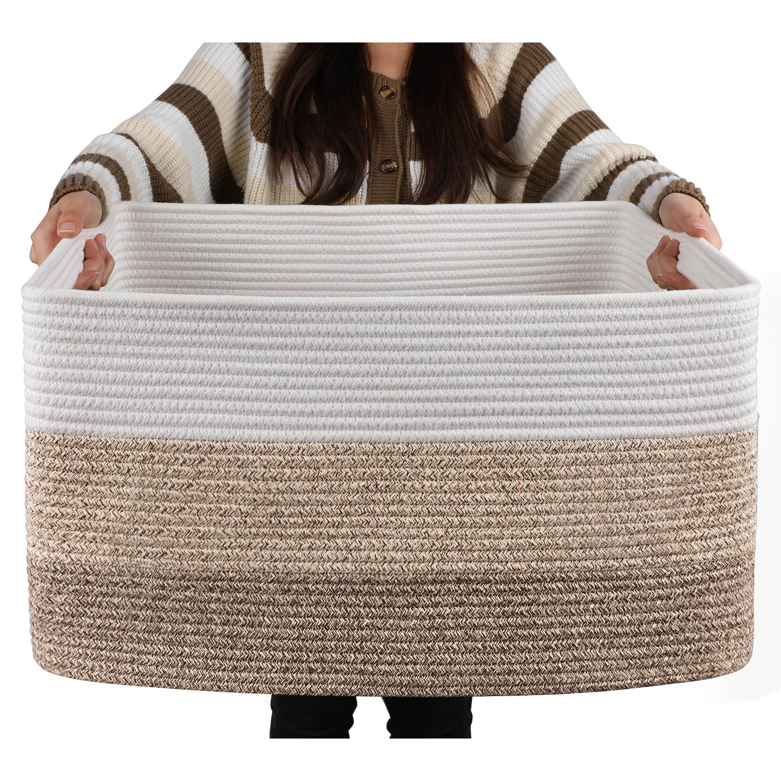 Oiahomy Large Blanket Basket, Rectangle Woven Baskets For Storage, Nursery Blanket Basket Living Room, Toy Basket With Handle, Large Baskets For Organizing-22”X17”X12”-Gradient Yellow