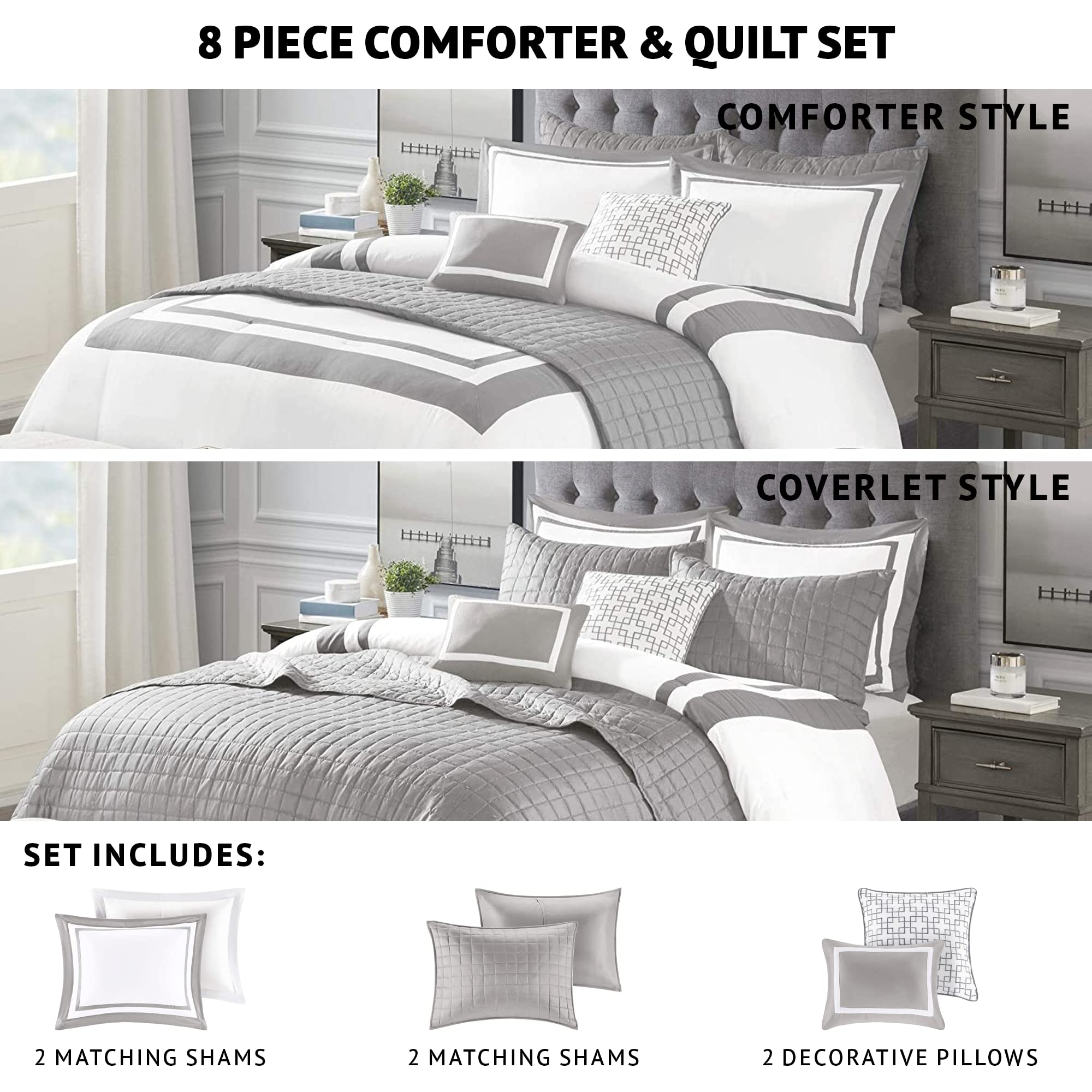 Madison Park Heritage Comforter Quilt Combo Set - Modern Luxury Design, All Season Down Alternative Bedding, Matching Shams, Decorative Pillows, King/Cal King(104'X92'), Color Block Grey 8 Piece