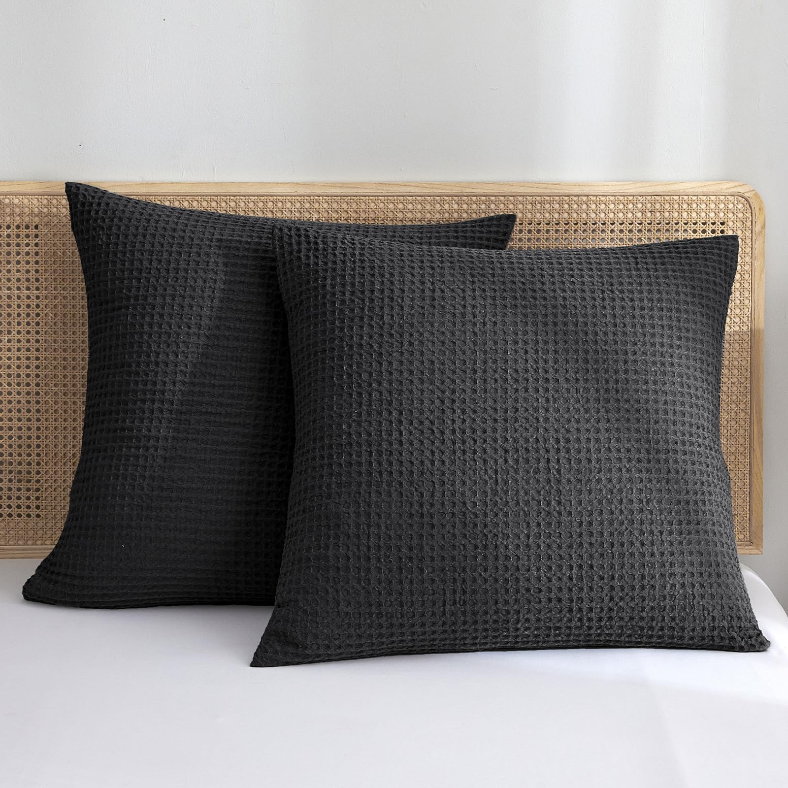 Phf Ultra Soft Waffle Weave Euro Shams Pillow Covers 26' X 26' 2 Pack, No Filling, Breathable Skin-Friendly Euro Throw Pillow Covers For Bed Couch Sofa, Black