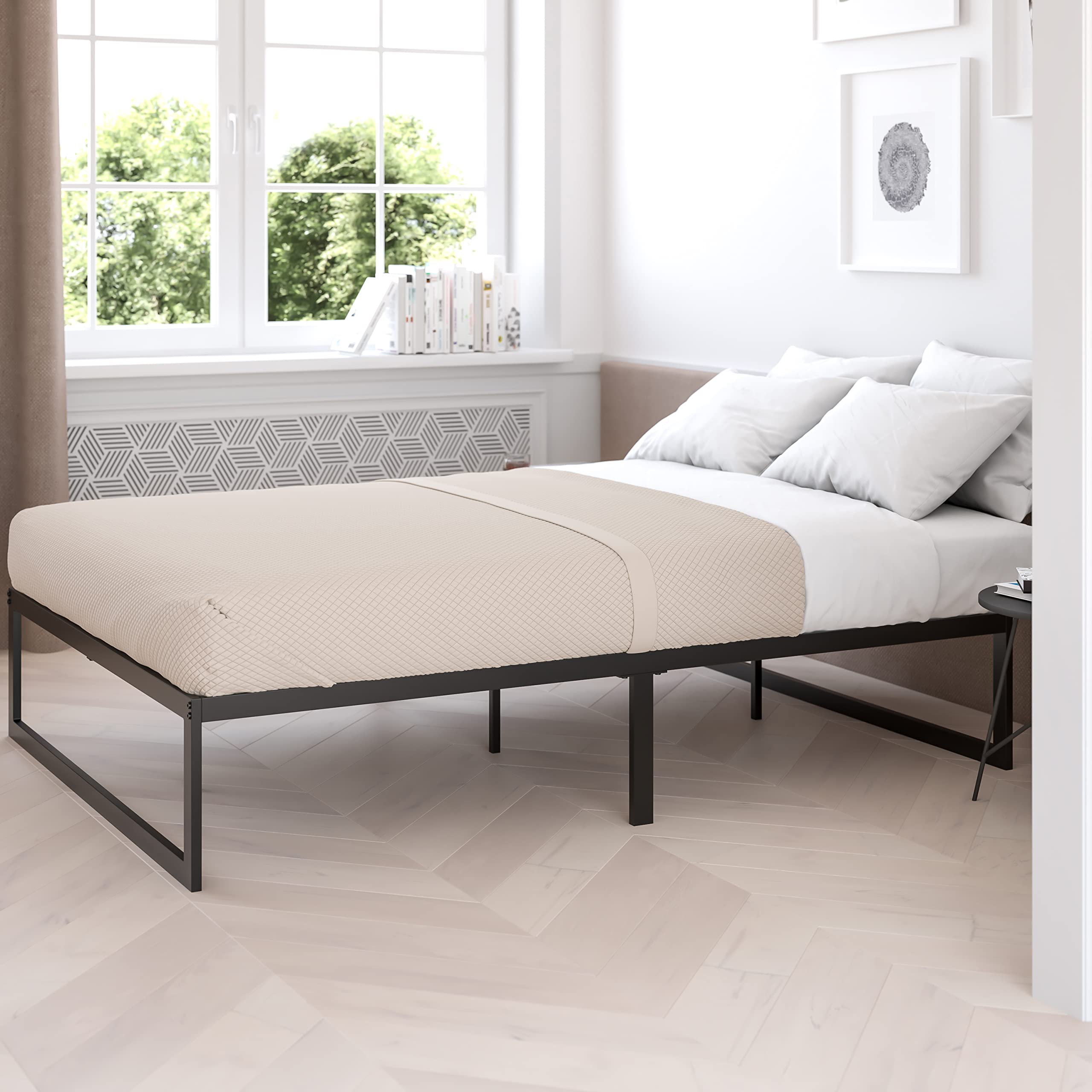 Flash Furniture Lana 14 Inch Metal Platform Bed Frame - No Box Spring Needed with Steel Slat Support and Quick Lock Functionality (King)