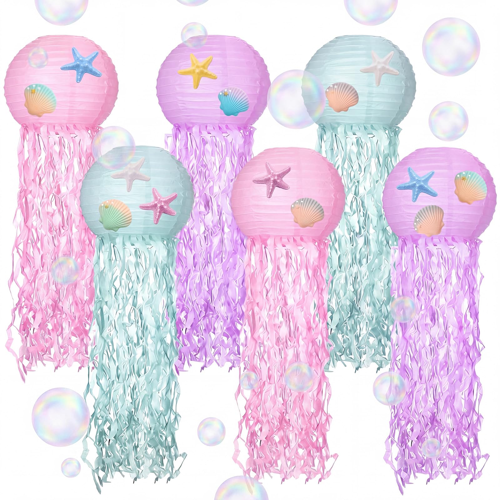 VioraWhite 18 Pcs Mermaid Birthday Party Decorations 6 Pcs 9.8 Hanging Jellyfish Paper Lanterns 8 Starfish Decor 2 Holographic