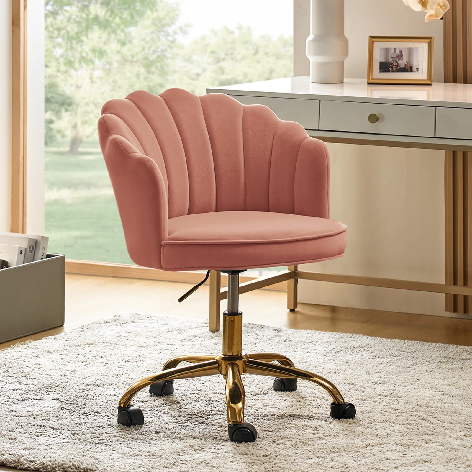 HULALA HOME Velvet Home Office Desk Chair, Modern Shell Back Makeup Vanity Chair with Wheels, Swivel Height Adjustable Cute Task