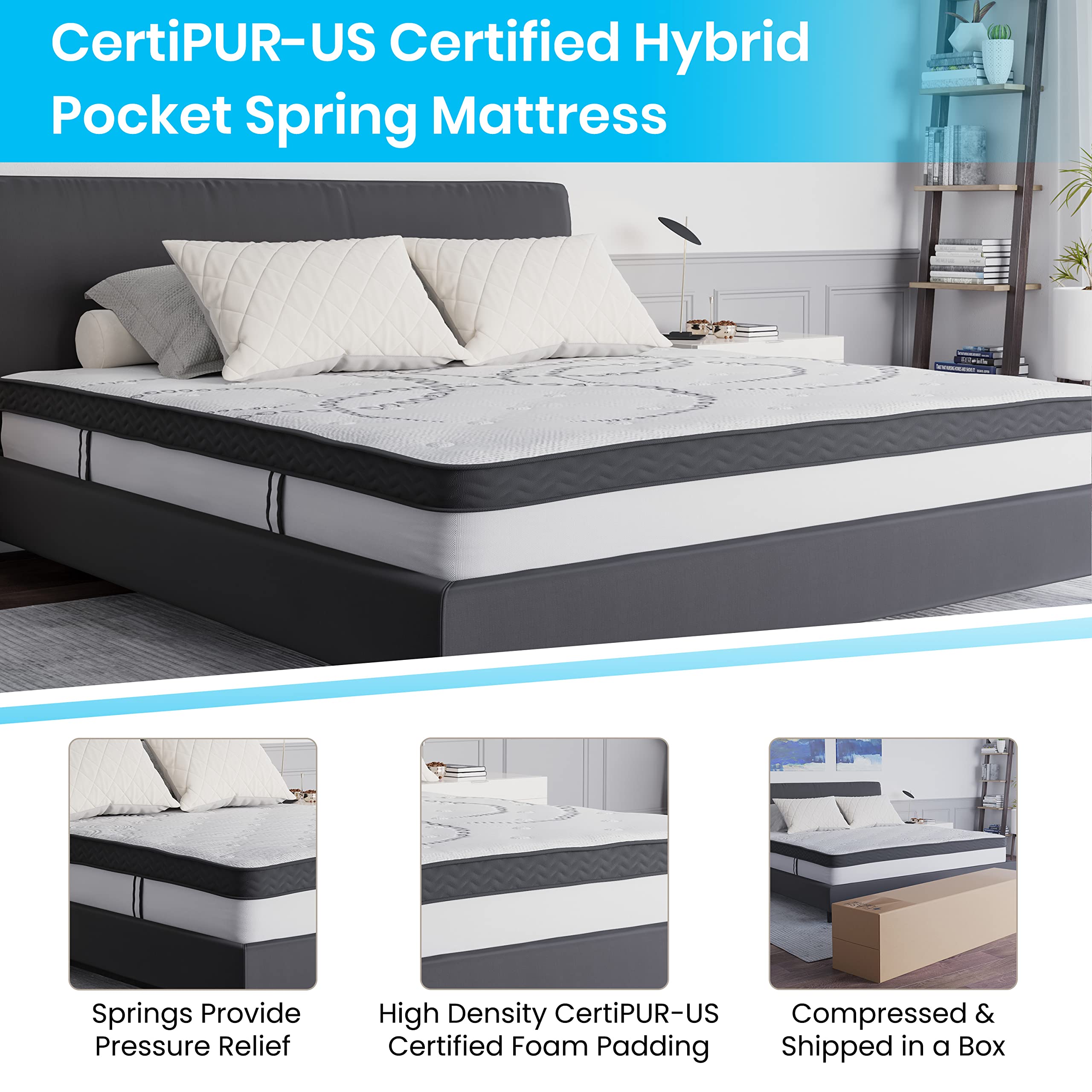 Flash Furniture Tribeca King Size Tufted Upholstered Platform Bed In Light Gray Fabric With 10 Inch Certipur-Us Certified Pocket Spring Mattress