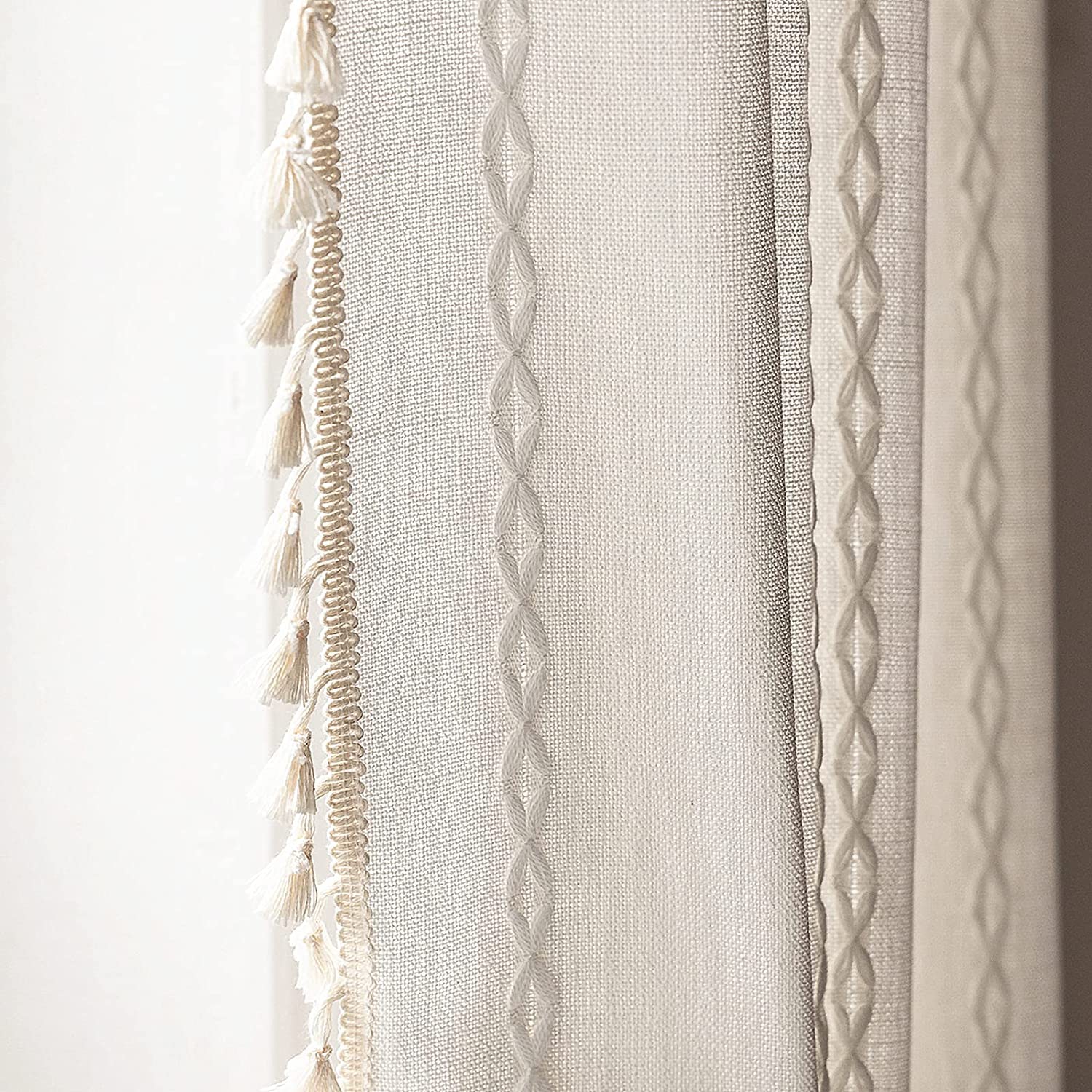 Deeprove White Boho Curtains 72 Inches Long With Tassel For Bedroom Living Room,Bohemian Embroidery Farmhouse Cream Weighted Cot
