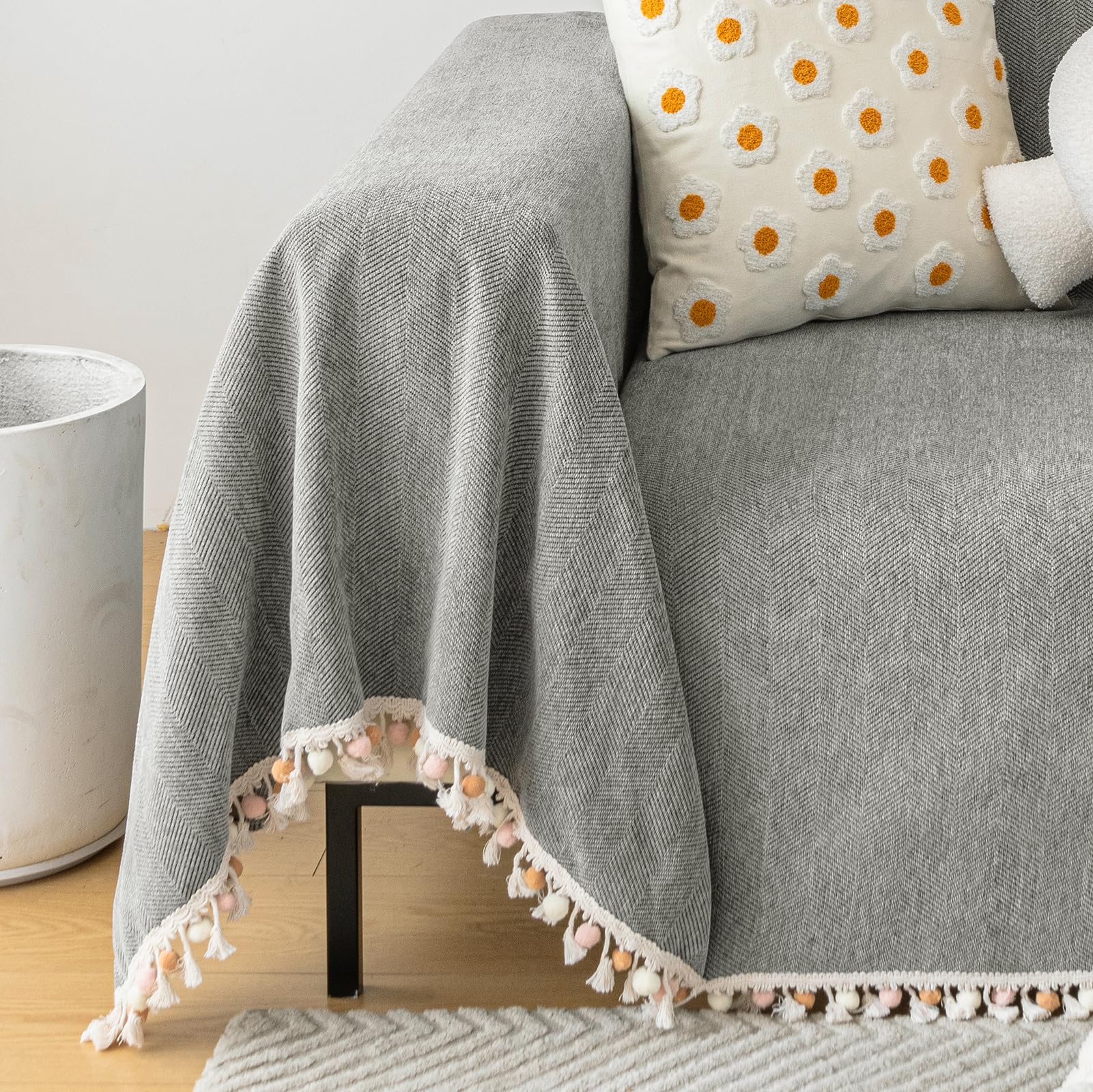 Handontime Couch Slipcovers For Sofas Dark Grey Couch Cover Sofa Cover For Dogs Boho Pet Couch Protector With Tassel Couch Throw Cover Chenille Herringbone Couch Cover Sofa 2 3 Seat Cover, 71' X118'