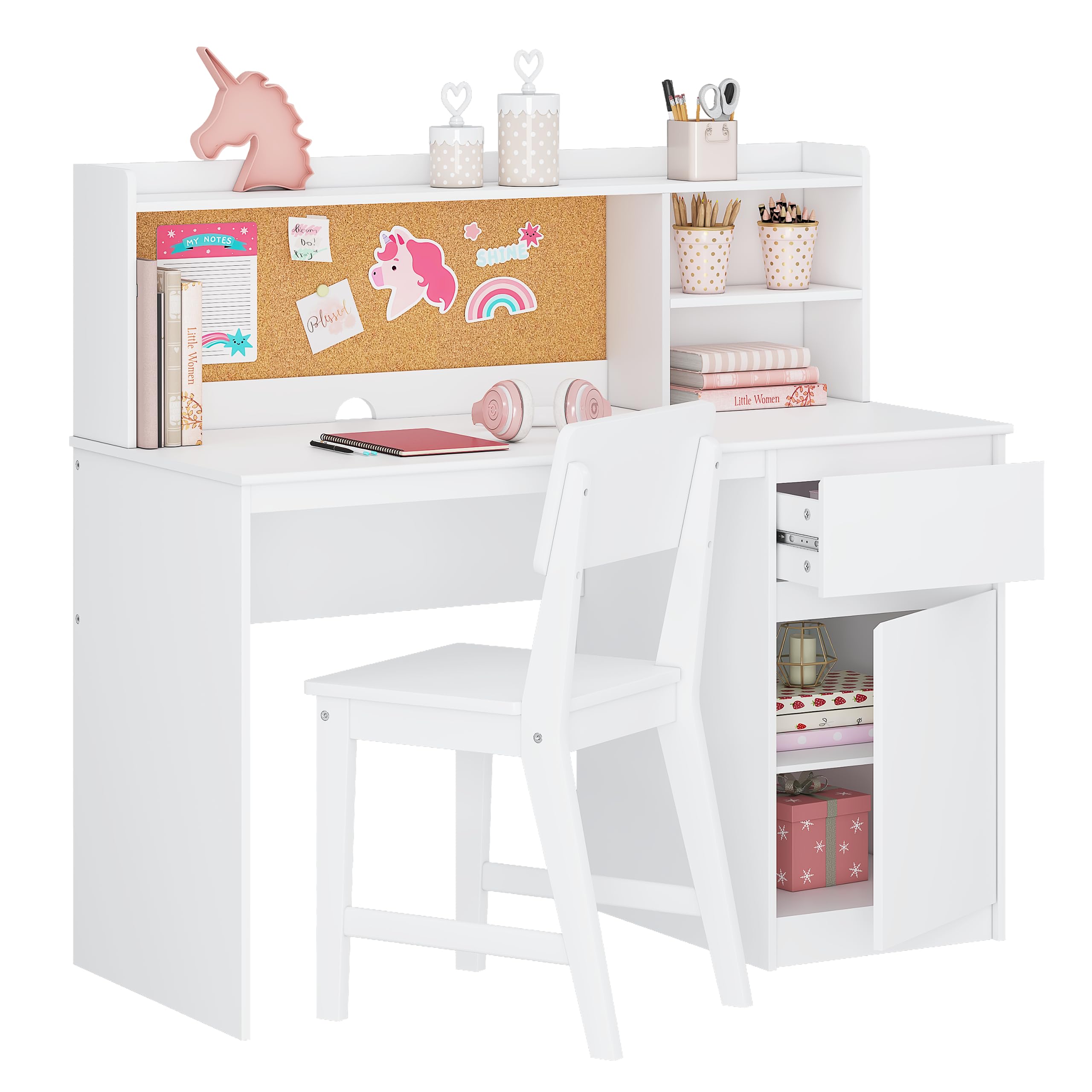UTEX Kids Study Desk with Chair, Kids Desk and Chair Sets with Hutch and Storage Cabinet, Wooden Children Study Table, Student W