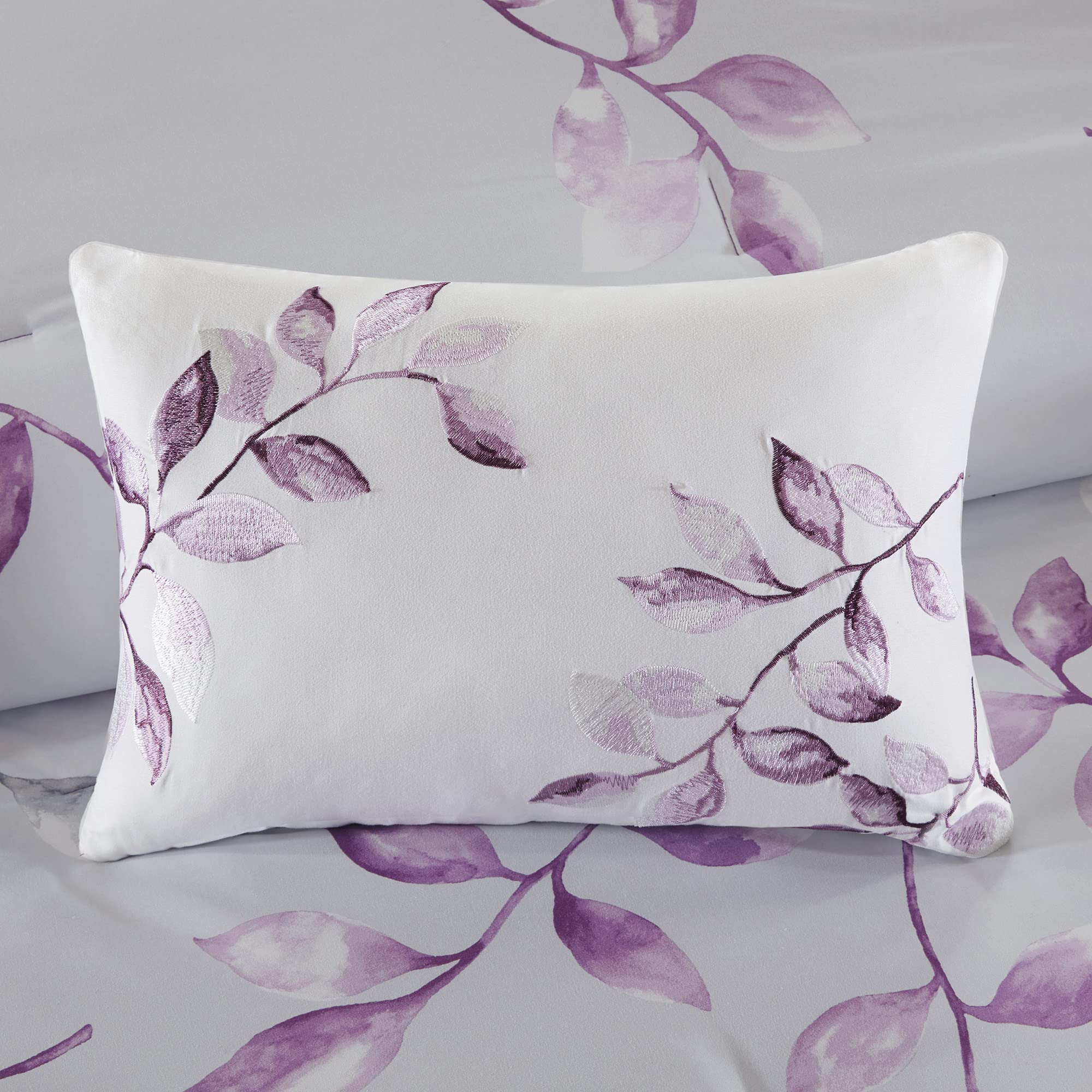 Madison Park Essentials Cozy Bed In A Bag Comforter With Complete Cotton Sheet Set - Trendy Floral Design All Season Cover, Decorative Pillow, Twin(68'X86'), Leaf Purple 9 Piece