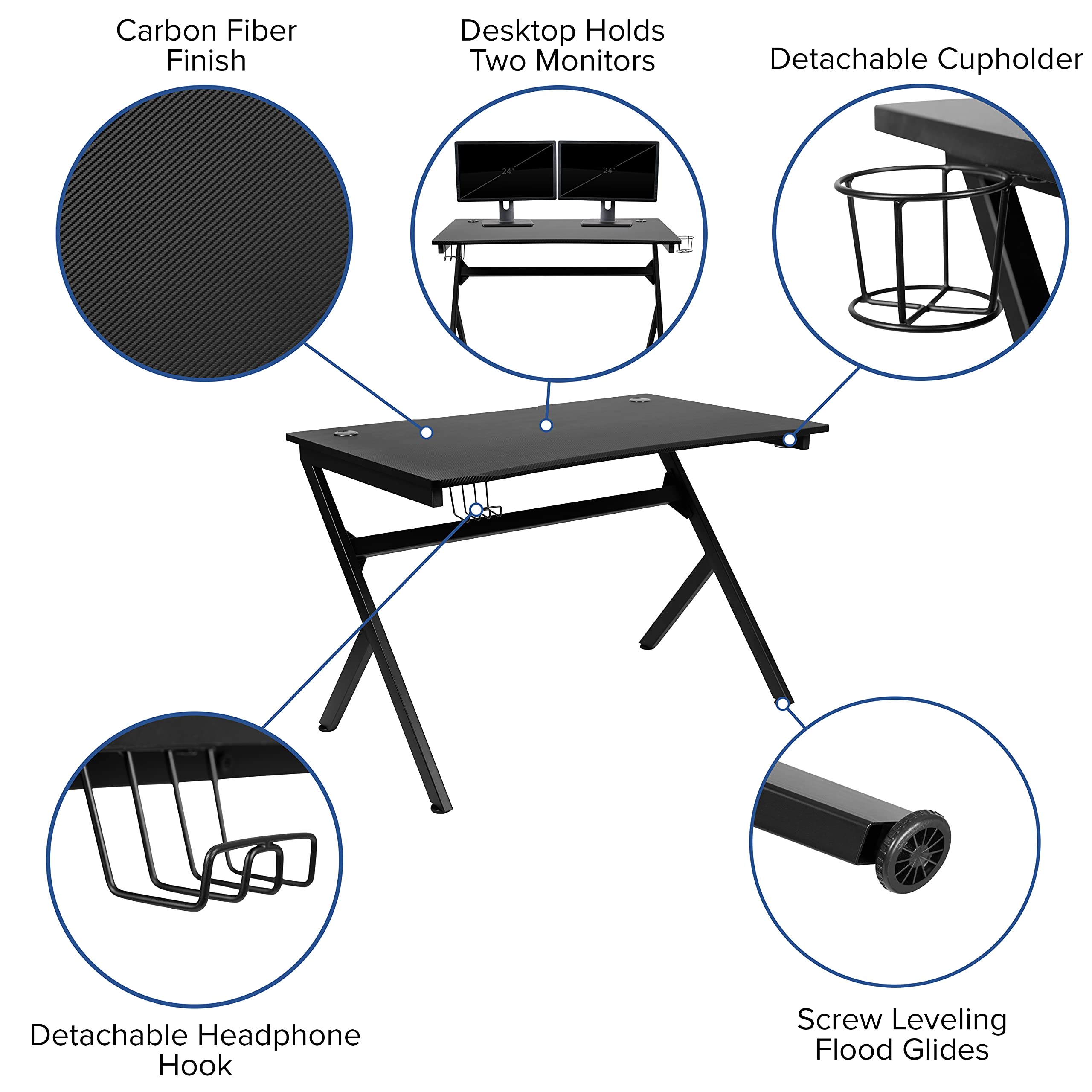 Flash Furniture Black Gaming Desk And Blue/Black Reclining Gaming Chair Set With Cup Holder, Headphone Hook & 2 Wire Management Holes