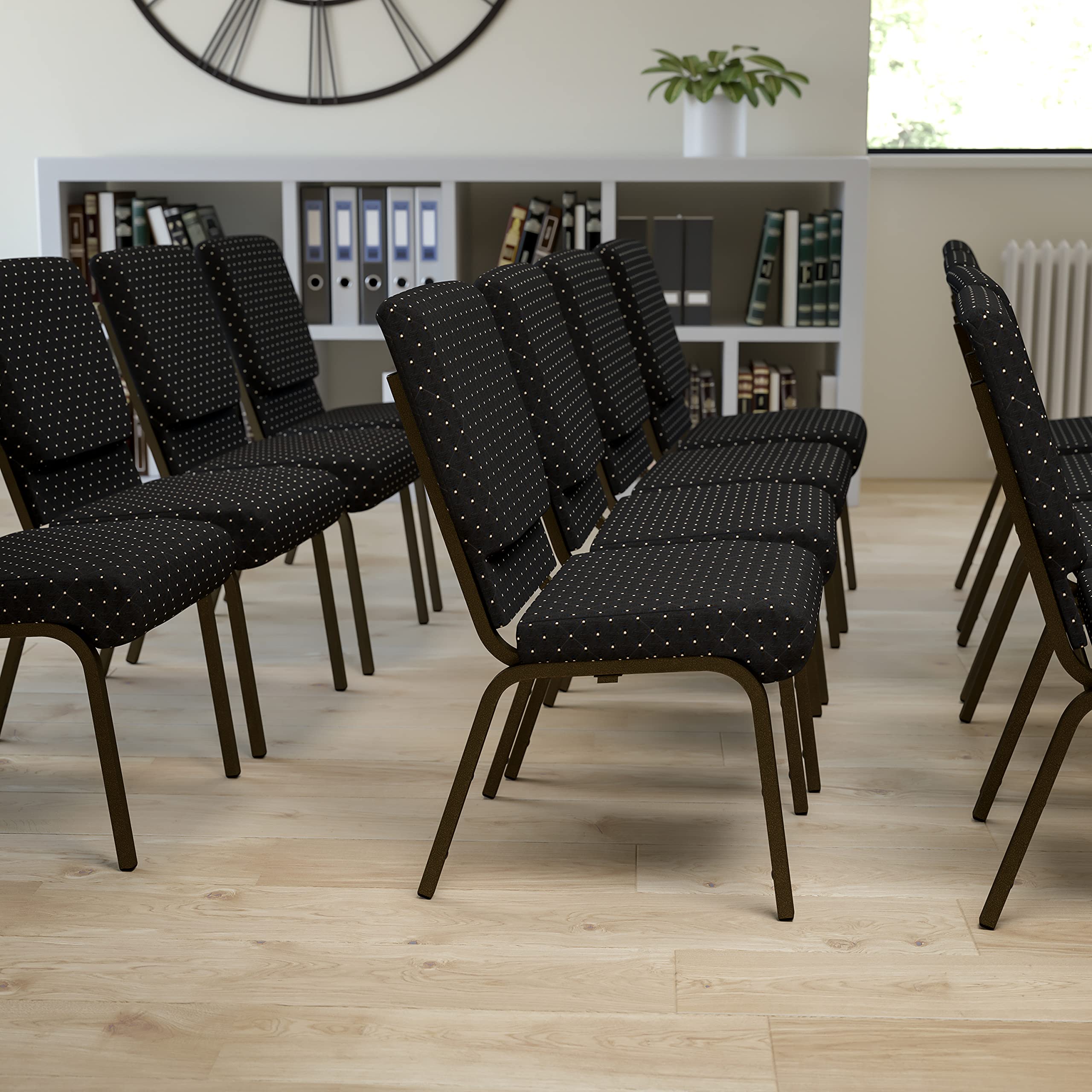 Flash Furniture HERCULES Series 18.5''W Stacking Church Chair in Black Dot Patterned Fabric - Gold Vein Frame