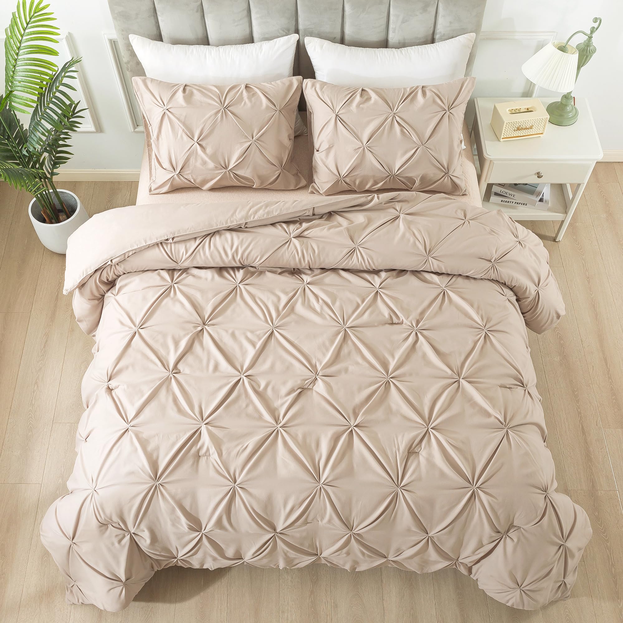 Andency California King Comforter Set Wheat (104X96Inch), Pinch Pleat Cal King Comforter Set 3 Pieces, Oversized King Pintuck Bed Comforter, Microfiber Down Alternative Comforter Bedding Set
