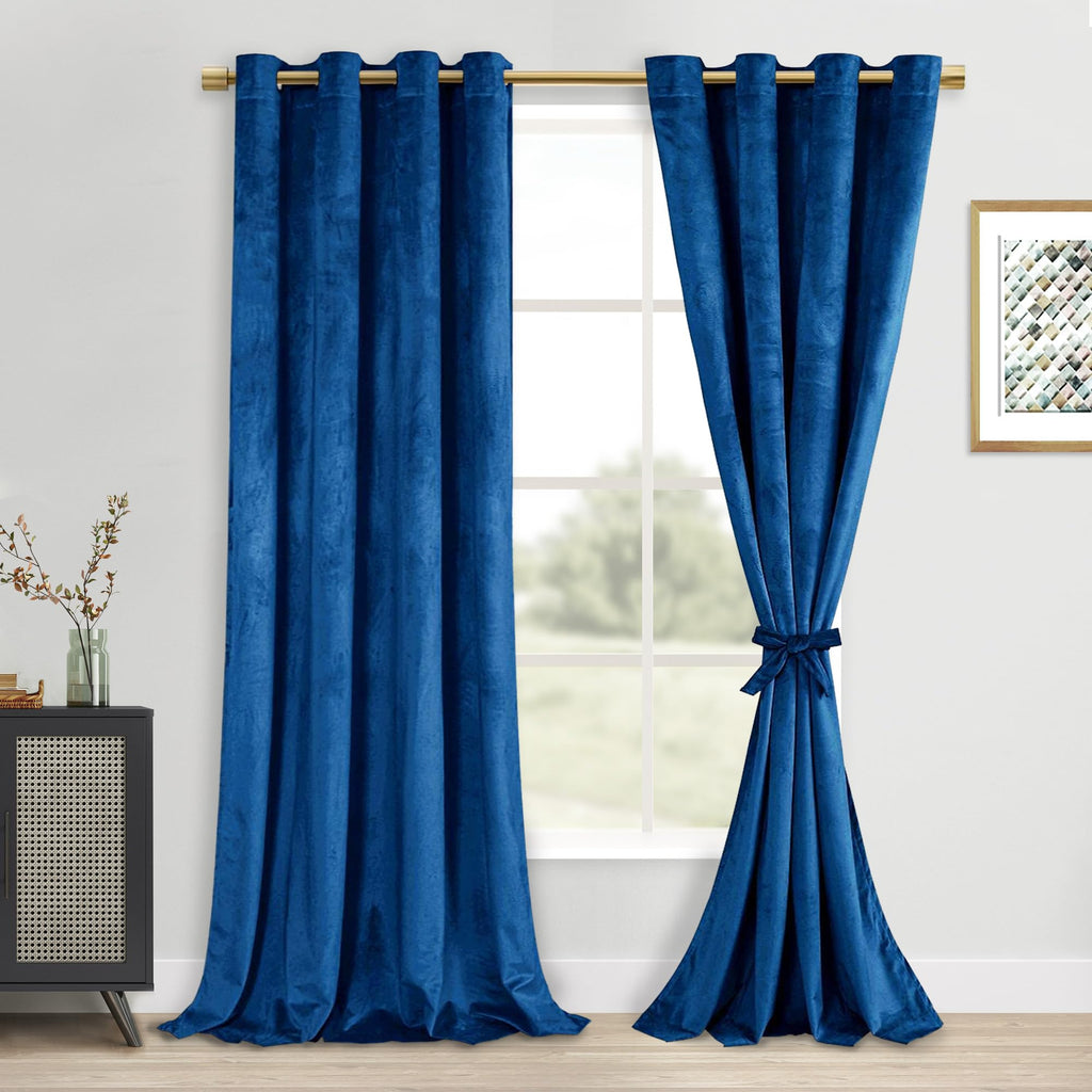 DWCN Blue Velvet Curtains 96 inches Long - Blackout Privacy Protect Window Drapes Thick Grommet Tieable Light Blocking Curtains 
