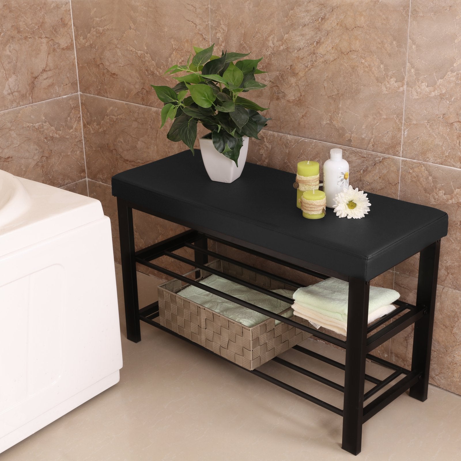 Songmics Shoe Bench, 3-Tier Shoe Rack For Entryway, Storage Organizer With Foam Padded Seat, Faux Leather, Metal Frame, For Living Room, Hallway, 12.2 X 31.9 X 19.3 Inches, Black Ulbs58H