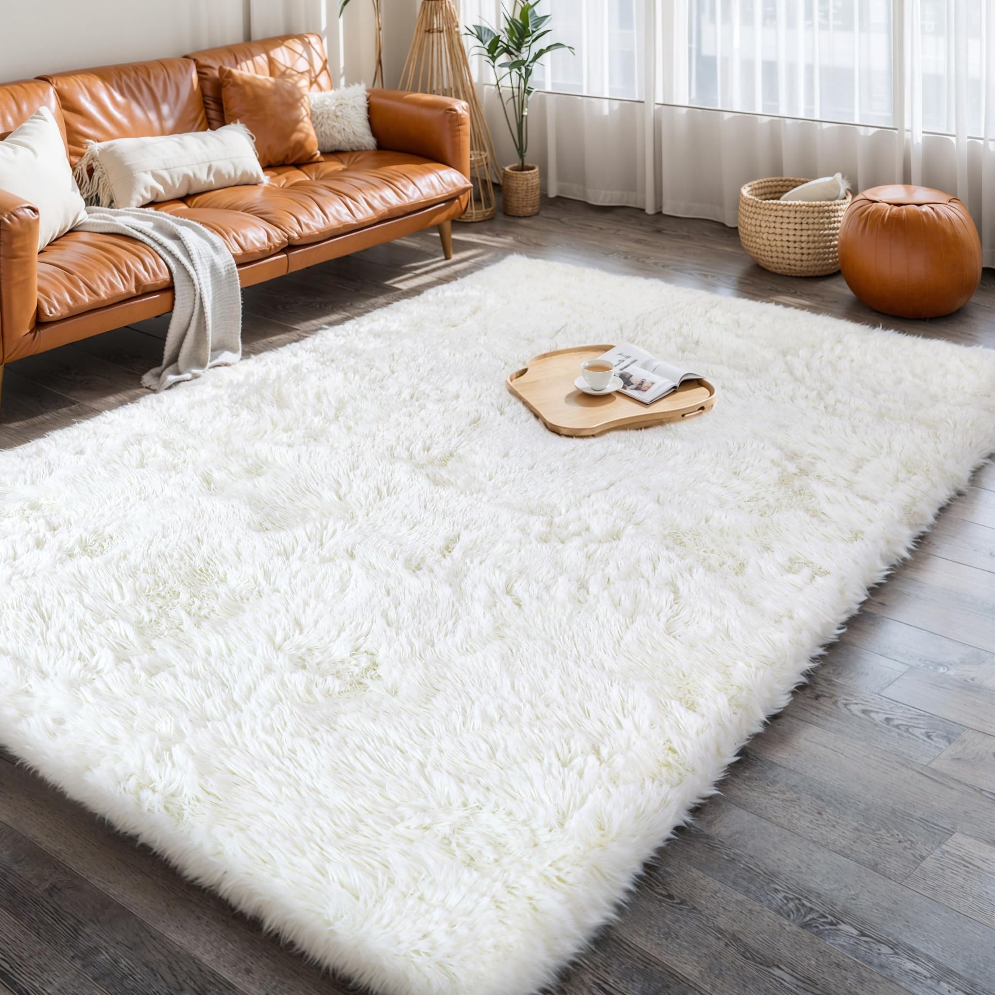 KCHOWUA 3x5 Cream Thick Fluffy Fuzzy Cute Area Rugs for Girls Bedroom,Machine Washable Off White Furry Plush Small Carpet for Li