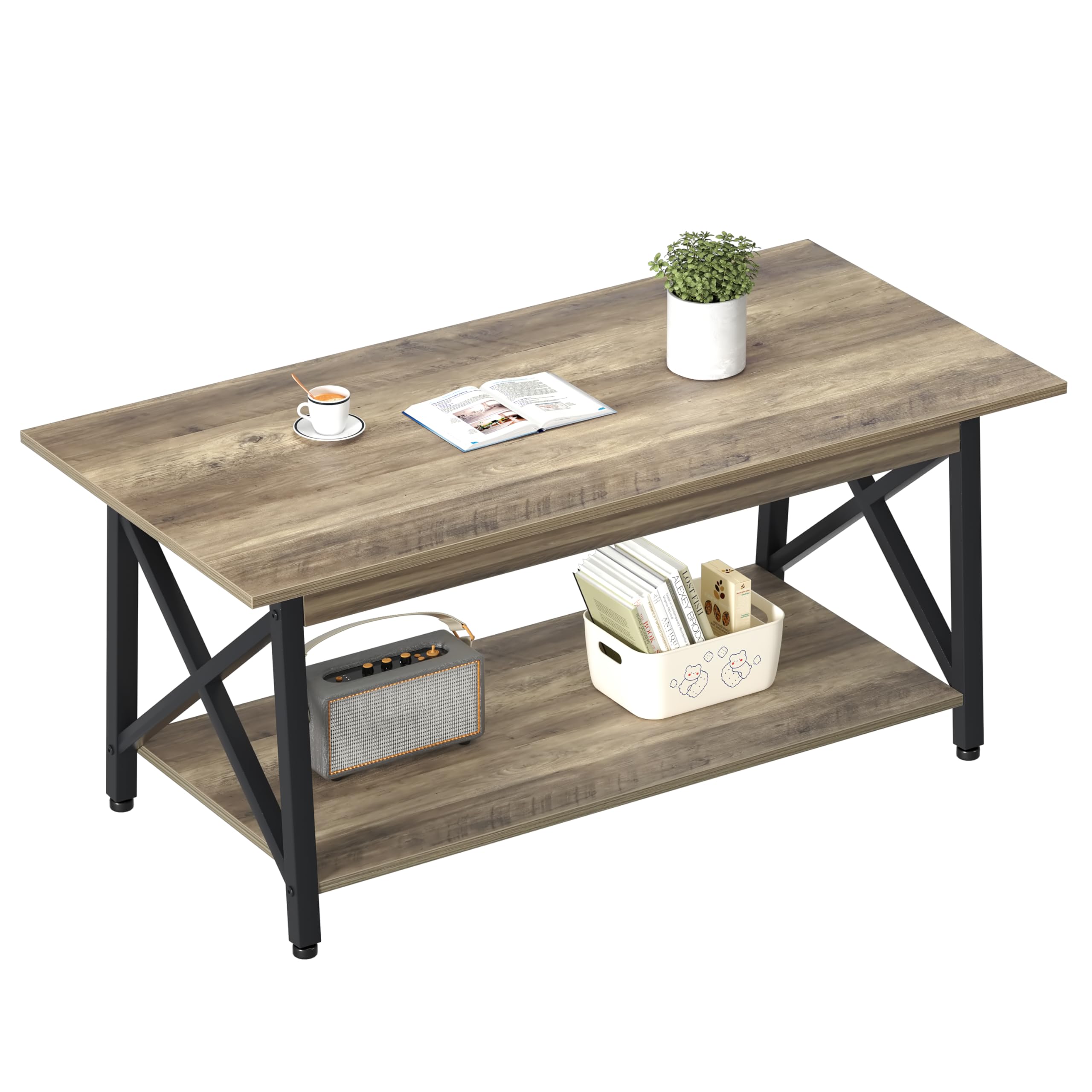 GreenForest Coffee Table Large 43.3 x 23.6 inch Rustic Farmhouse with Storage Shelf for Living Room, Easy Assembly, Grey WASH