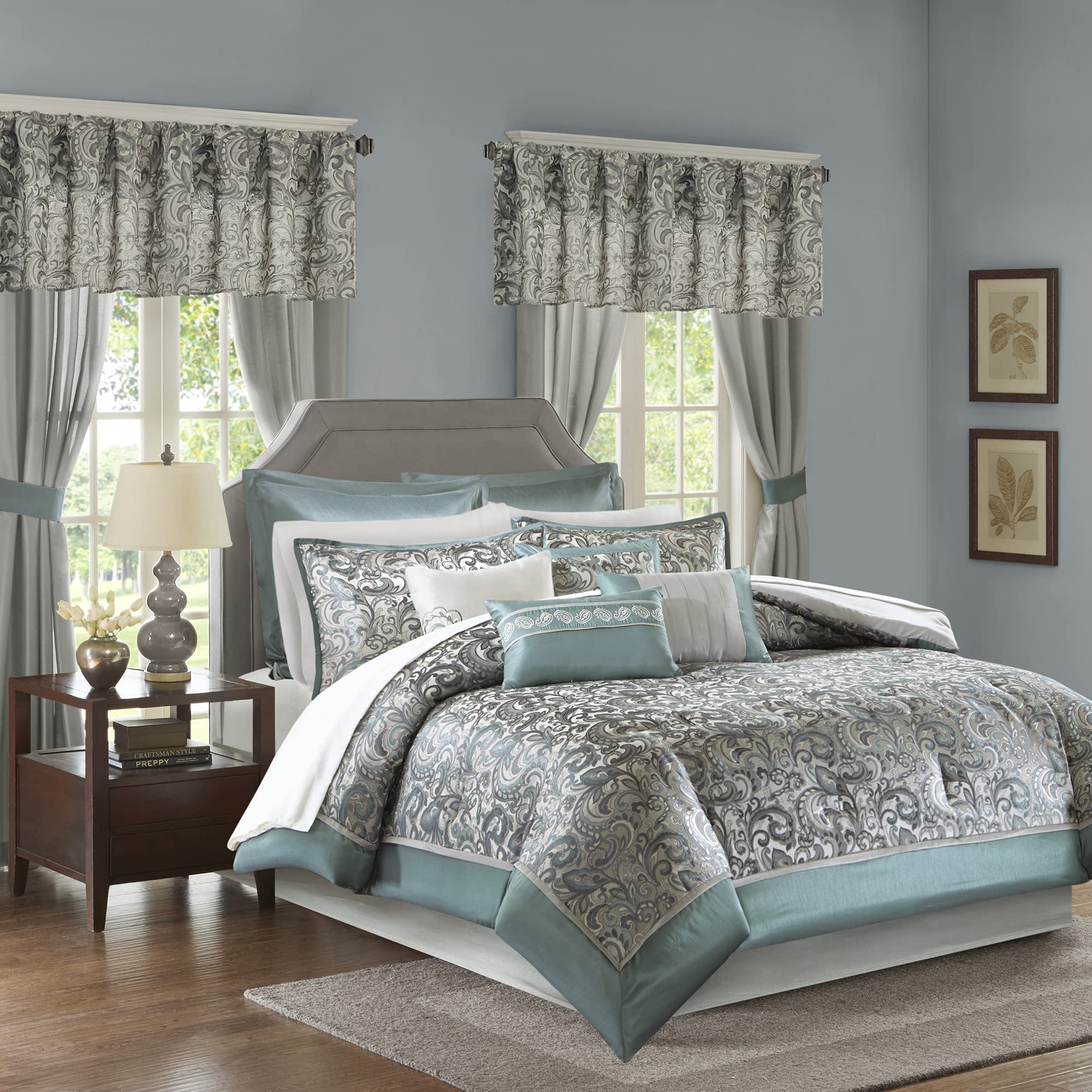 Madison Park Essentials Brystol 24 Piece Room In A Bag Faux Silk Comforter Jacquard Paisley Design Matching Curtains - Down Alternative Hypoallergenic All Season Bedding-Set, Cal King, Teal 24 Piece