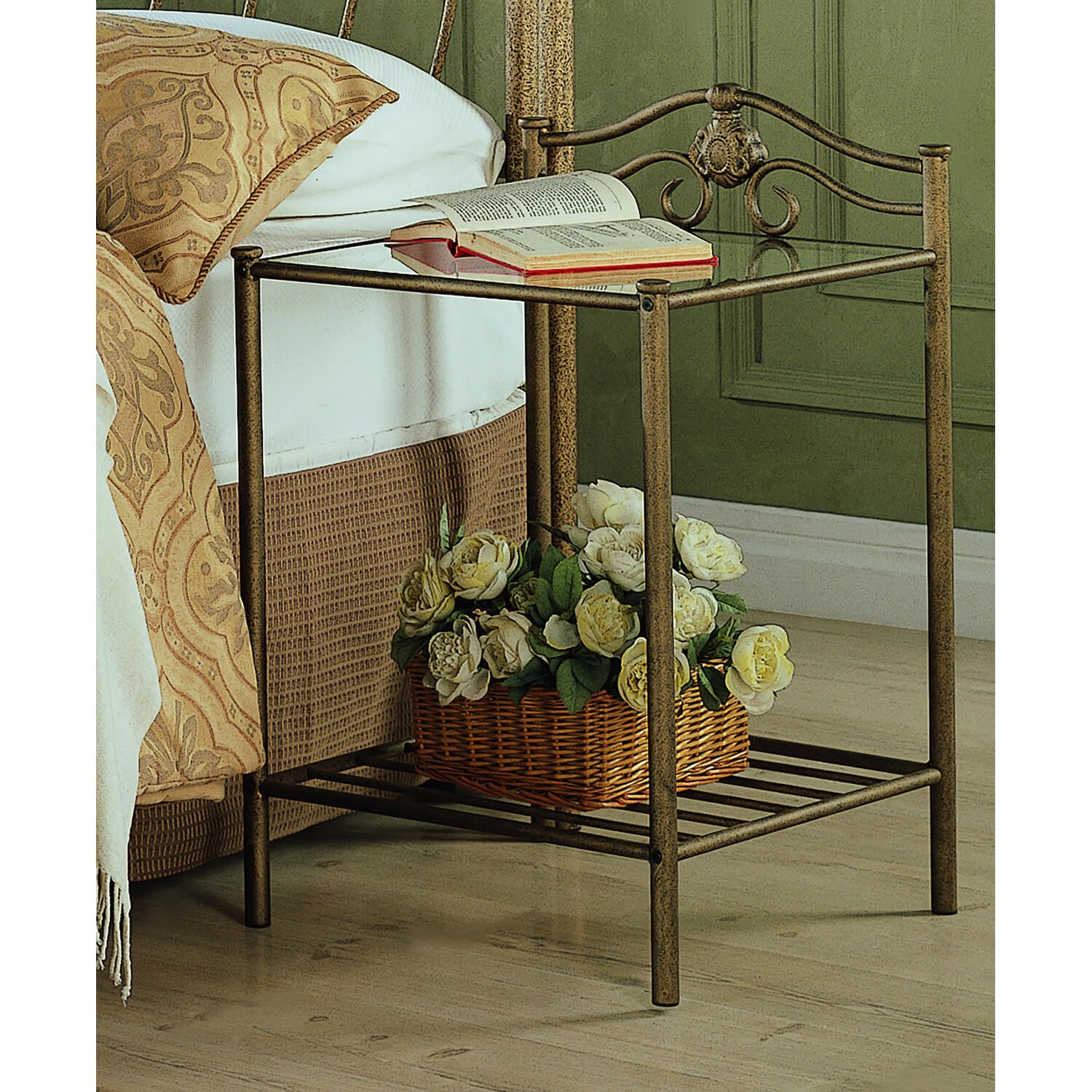 Coaster Home Furnishings Sydney 1-Shelf Nightstand, Brushed Gold, 20"W x 20"D x 32"H, Model 300172, Glass Material