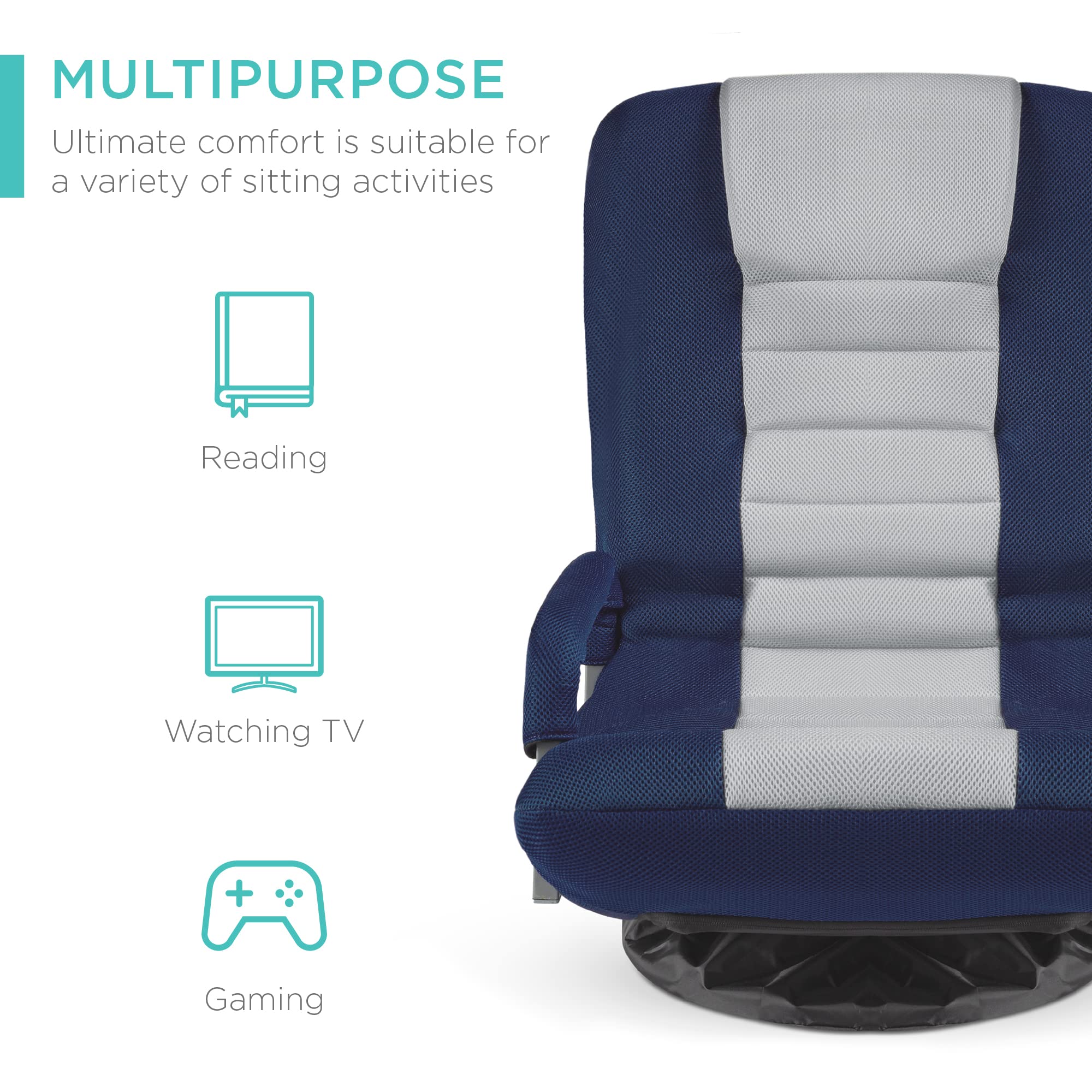 Best Choice Products Swivel Gaming Chair 360 Degree Multipurpose Floor Chair Rocker For Tv, Reading, Playing Video Games W/Lumbar Support, Armrest Handles, Adjustable Foldable Backrest - Blue/Gray