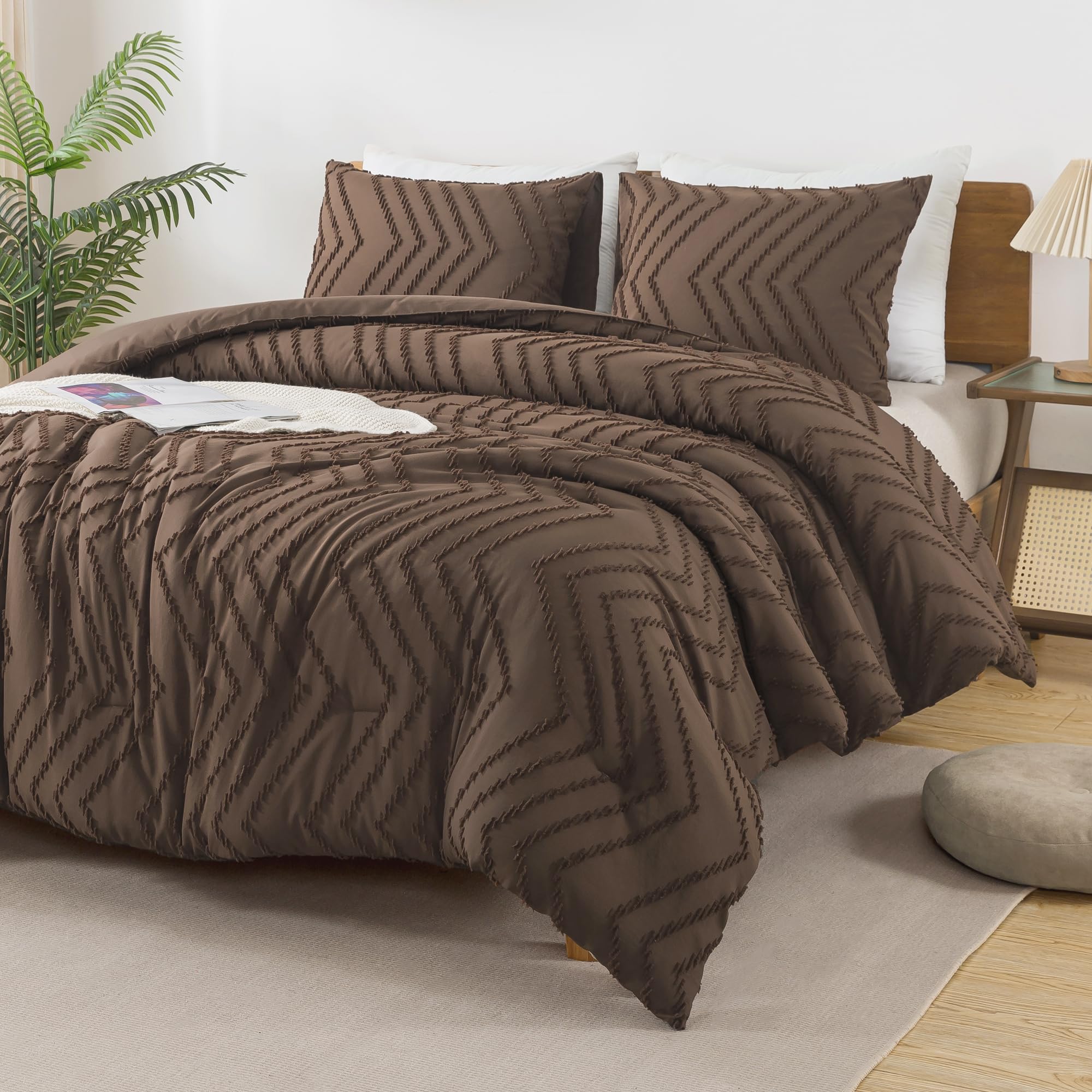 Andency Brown Comforter Set Queen Size, Boho Soft Warm Tufted Bedding Comforter Sets For Queen Size Bed, 3 Pieces Aesthetic Chevron Farmhouse Cute Bohemian Textured Bed Set