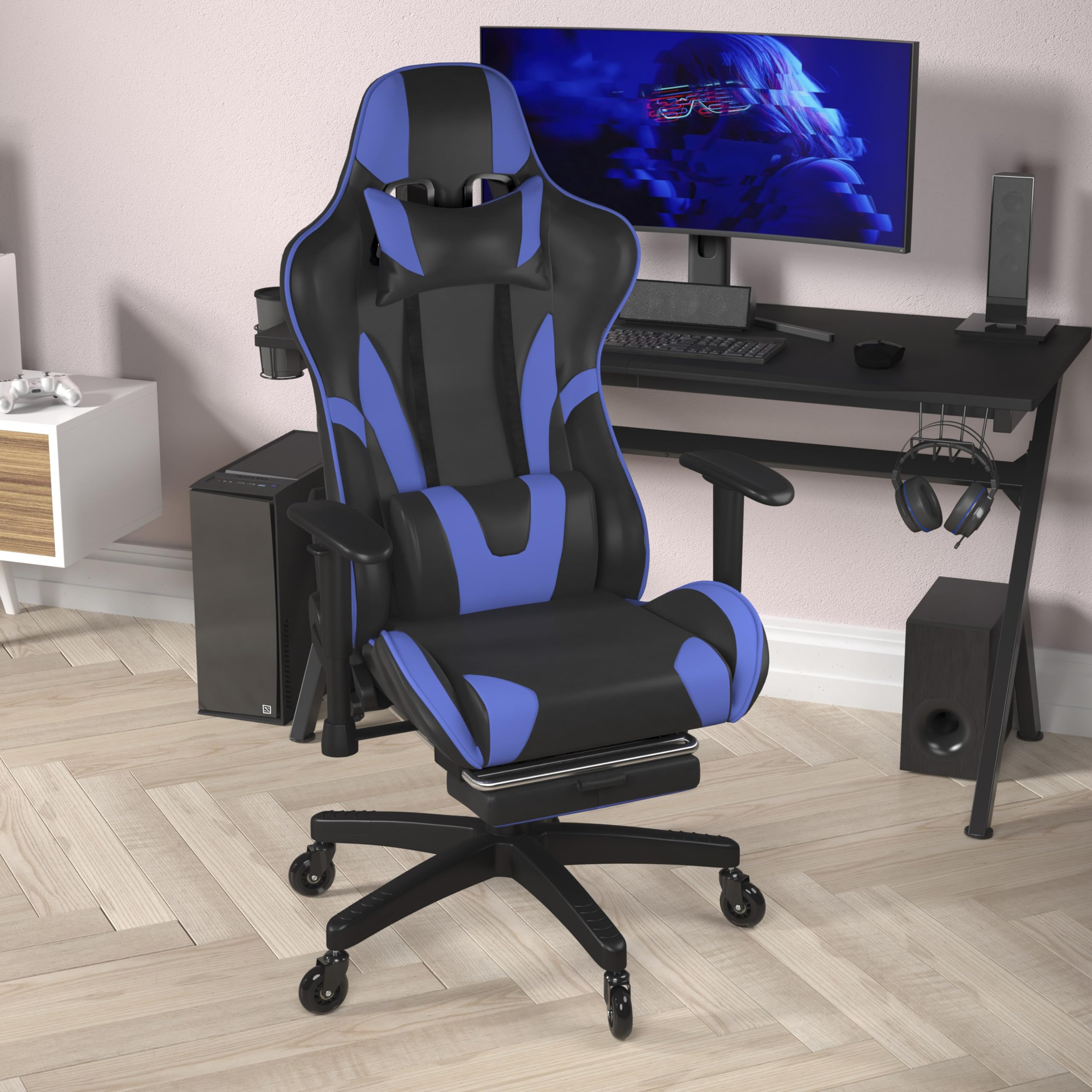 Flash Furniture X30 Gaming Chair Racing Computer Chair - Blue Leathersoft Upholstery - Reclining Back - Slide-Out Footrest - Roller Wheels