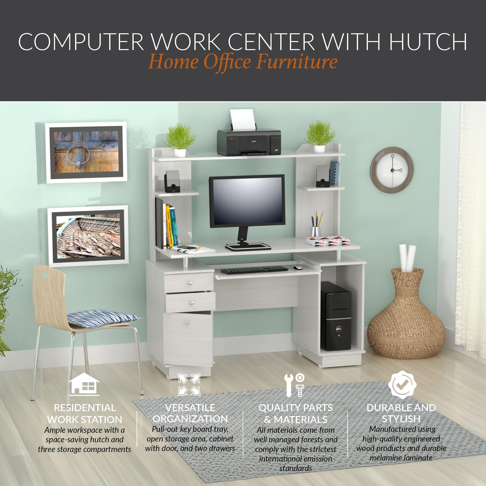 Inval America Work Center - Washed Oak, 53.5"H x 48.62"W x 19.5"D, with Hutch & Pull-Out Keyboard Tray