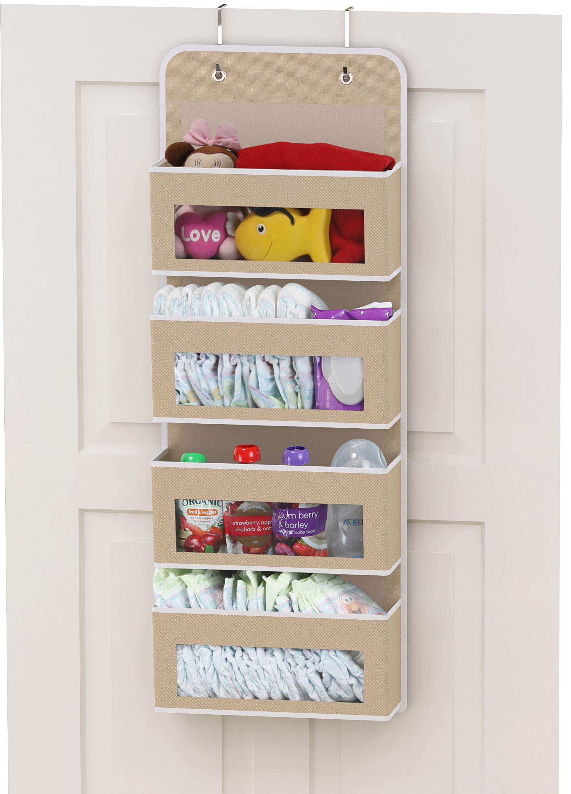 Simple Houseware Over Door/Wall Mount 4 Clear Window Pocket Organizer, Beige