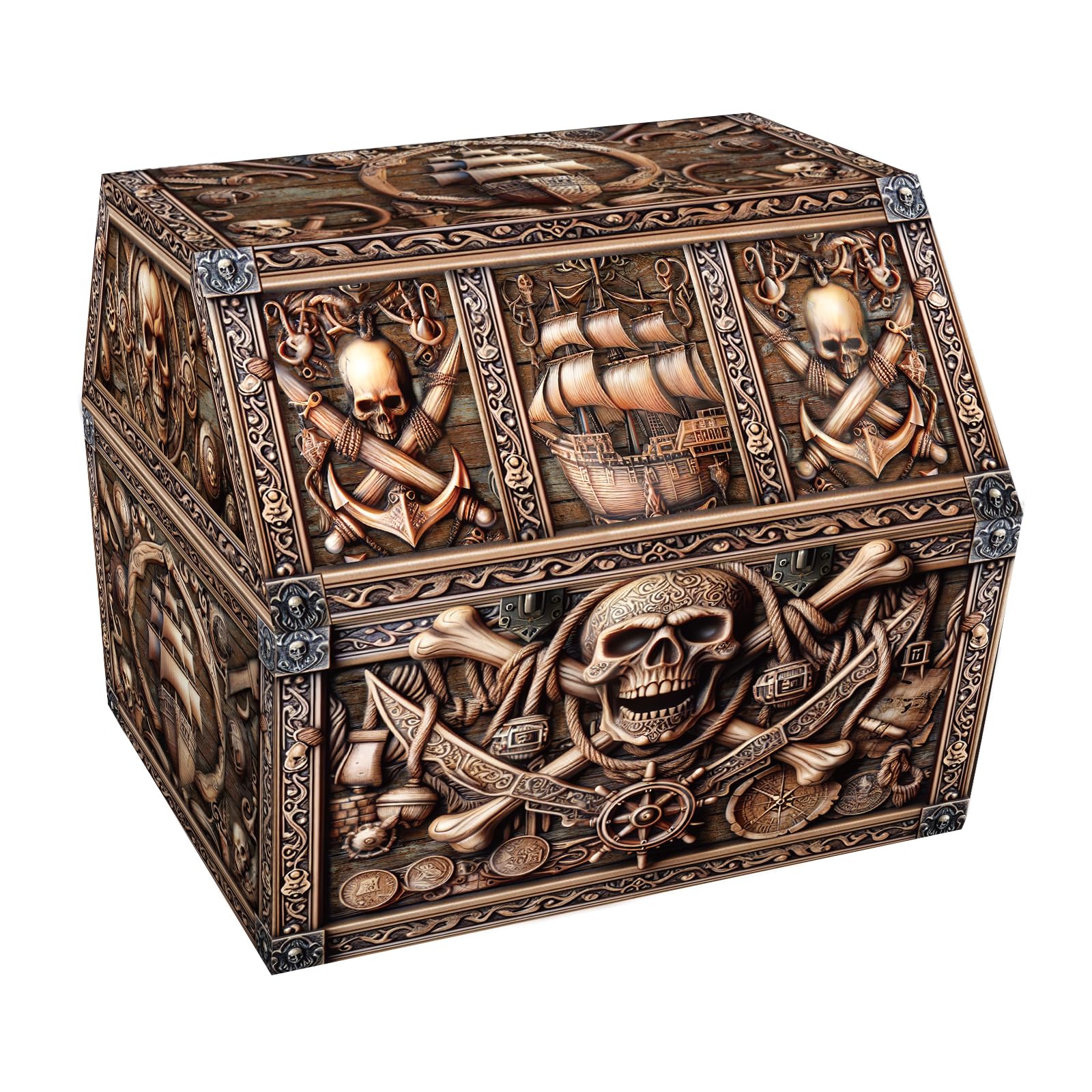 PETCEE Pirate Treasure Chest & Skull Box - Large 9x 9.3x 8 Cardboard Classroom Storage for Kids Prizes Reusable Treasure Chest f