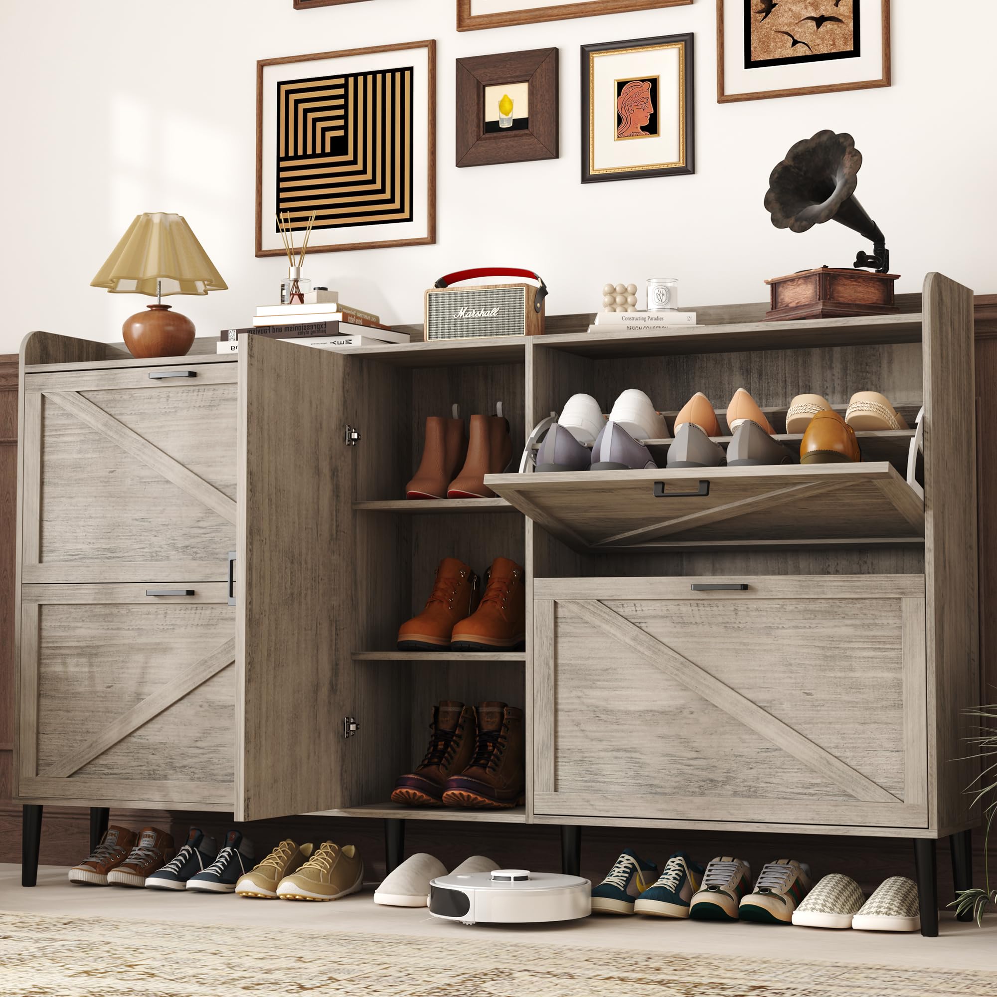 HOMEFORT Large Shoe Cabinet with 4 Flip Drawers, Farmhouse Narrow Shoe Organizer Cabinet for Entryway, Hidden Shoe Rack with Adj