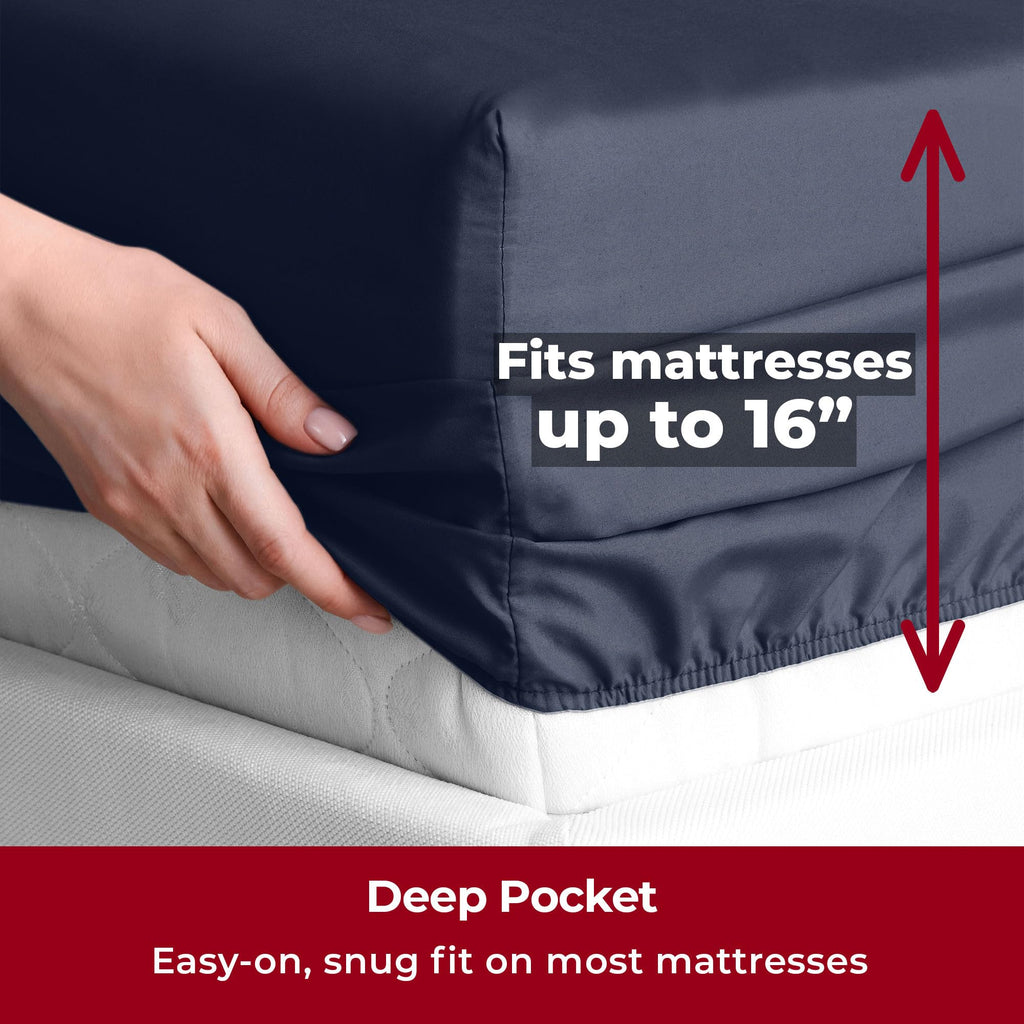 Mellanni Split King Sheet Set - 7-Piece Iconic Collection Bedding, (Including 4 Pillowcases), 16-Inch Deep Pocket, Easy Care, Extra Soft, Cooling Sheets, Brushed Microfiber - Navy Blue