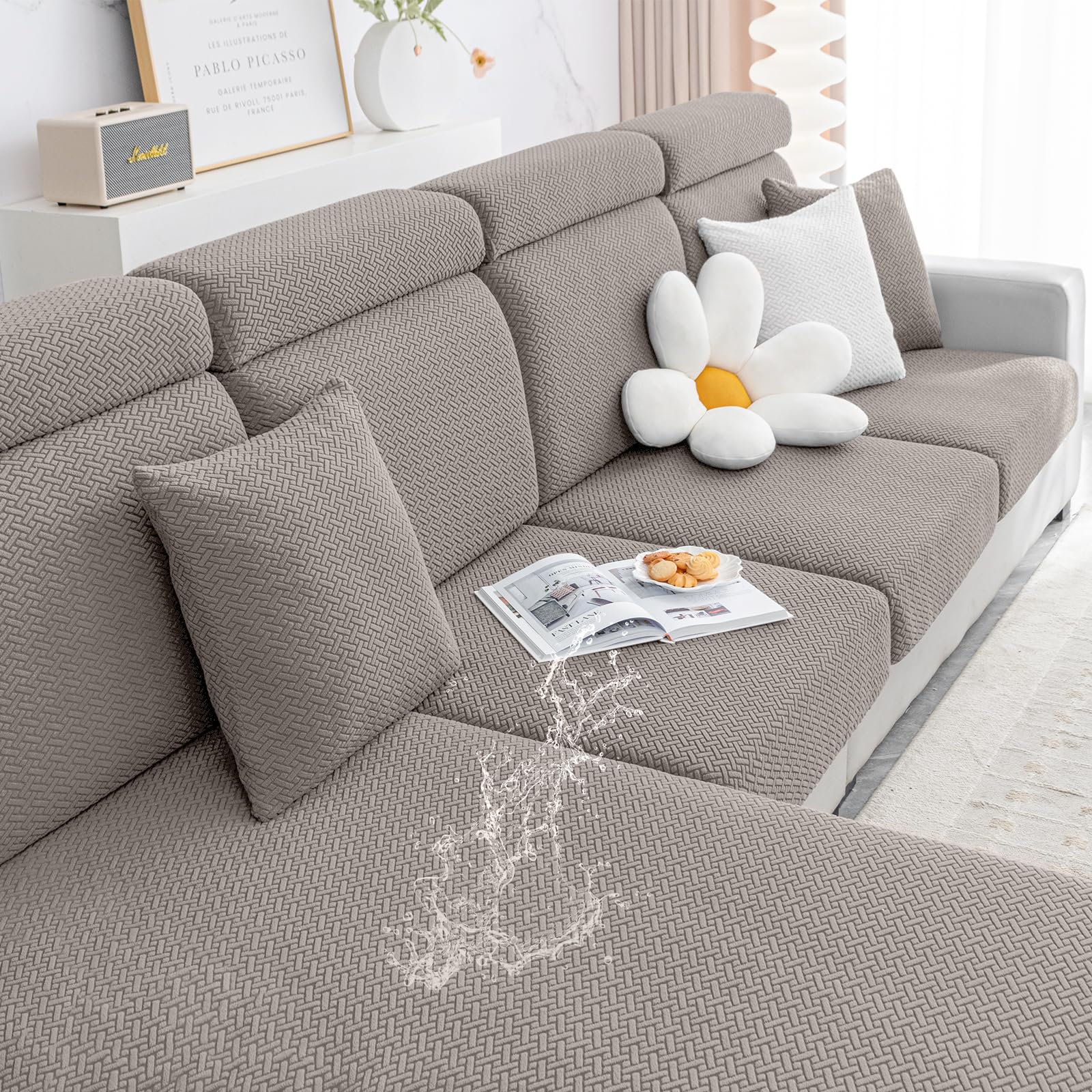 Smiry Waterproof Couch Cushion Covers, Stretch Jacquard Thick Sofa Cushion Covers, Washable Seat Cover Slipcover Elastic Furniture Protector For Pets, Kid (3Pc, Taupe)