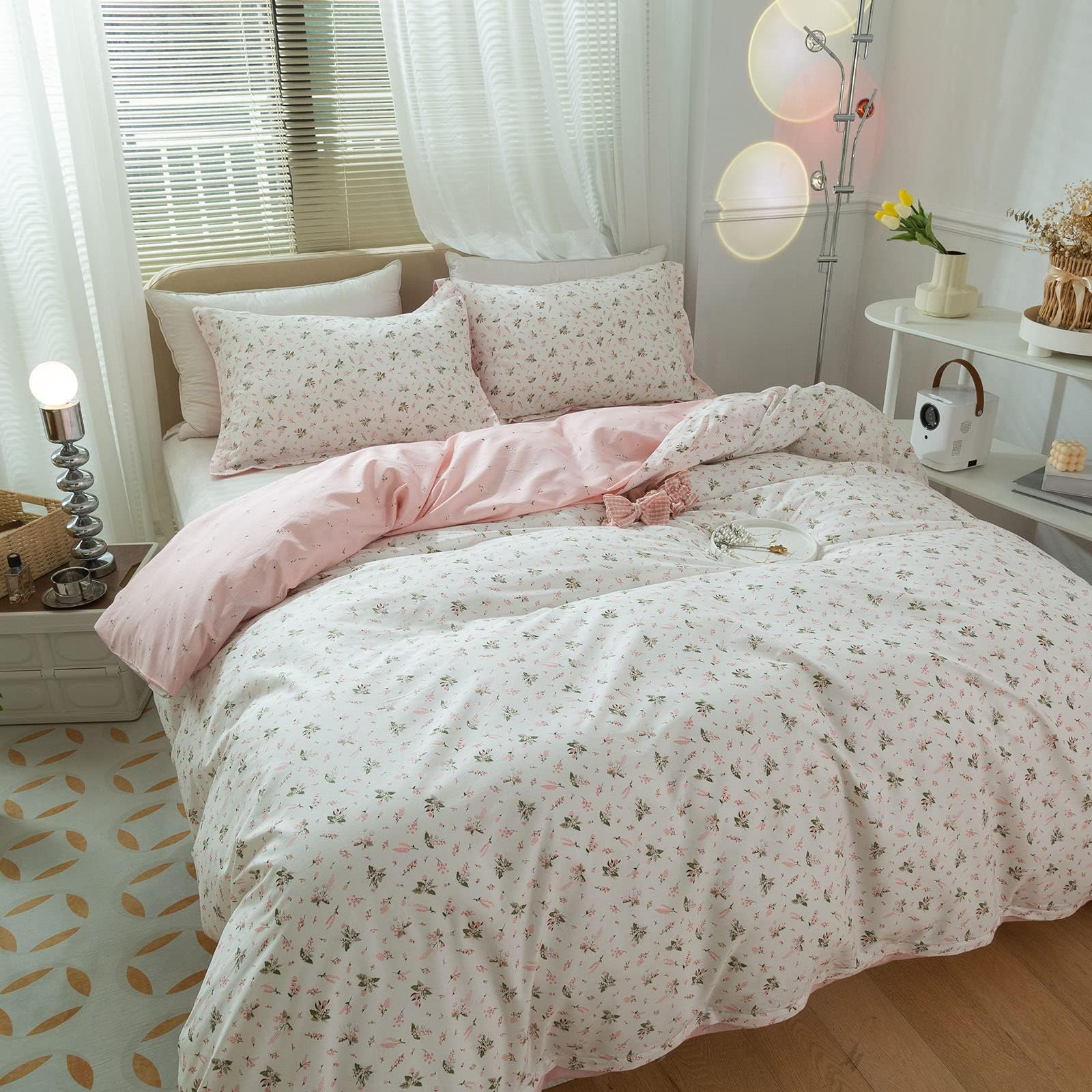 Lifetb Cotton Floral Duvet Cover Queen Girl Pink Flower Bedding Sets Garden Style Cotton Floral Comforter Cover Pink White Flora