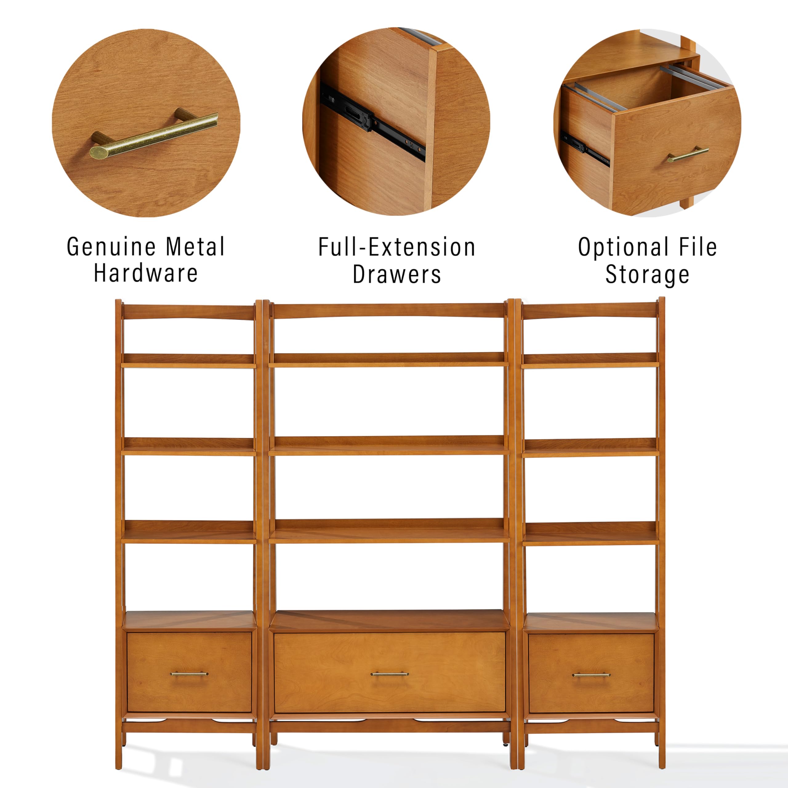 Crosley Furniture Landon 3-Piece Bookshelf Etagere Set, Bookcase with Shelves and File Drawers, Acorn