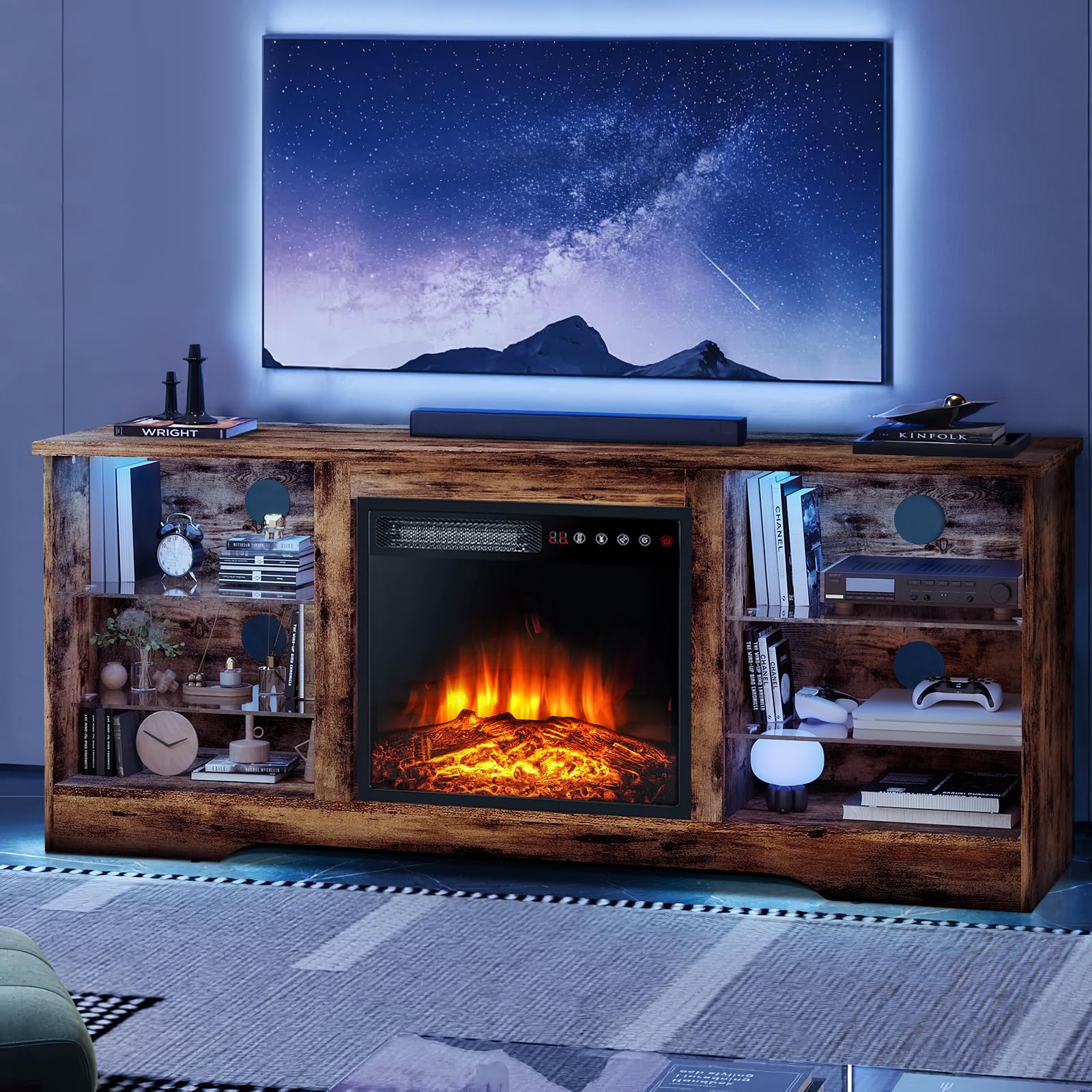 Lemberi 58 Inches Fireplace Tv Stand For Tvs Up To 65 Inches Console With 18'' Electric Fireplace & Remote, Wooden Modern Entertainment Center For Living Room With Led Light Glass Shelves (Brown)