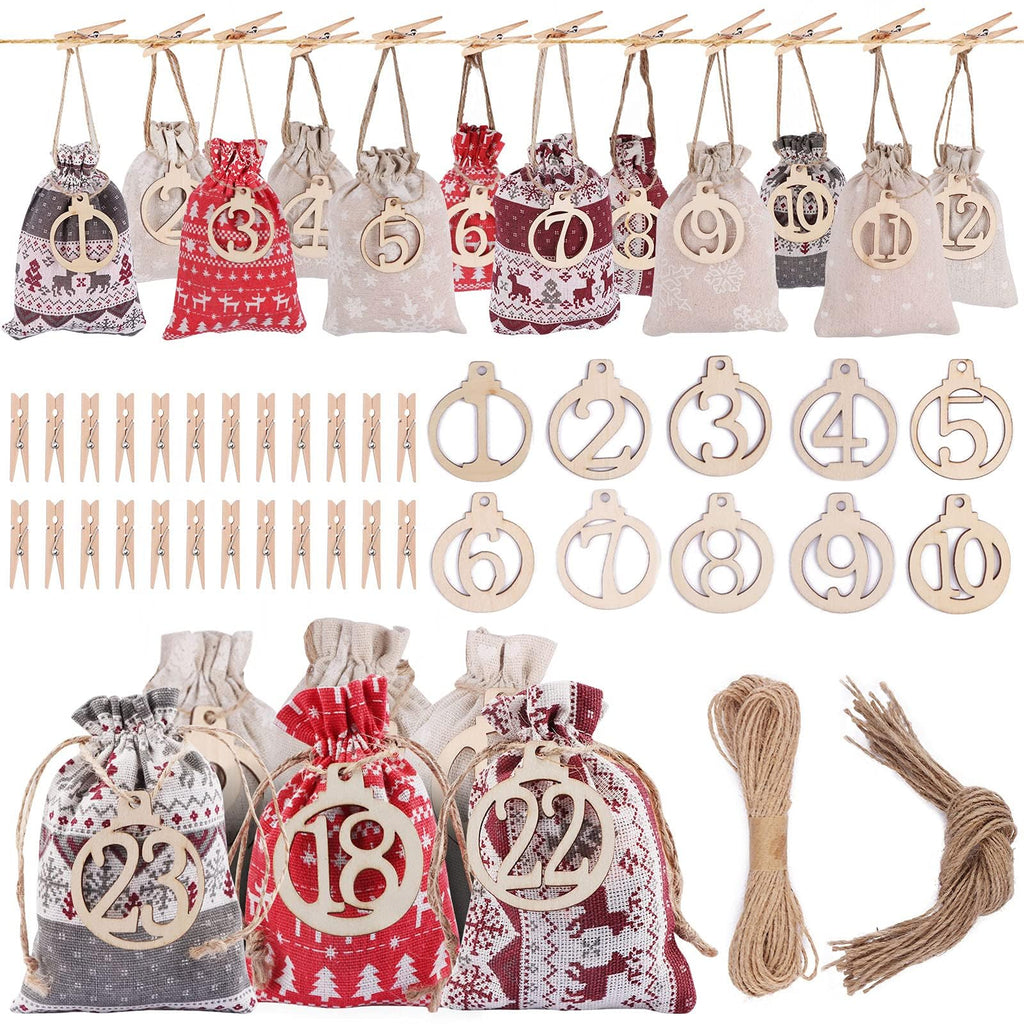 Kalolary Christmas Advent Calendar Bags 24 Days Countdown Calendar Burlap Bags Drawstring Gift Bags for Adults and Kids DIY Cand
