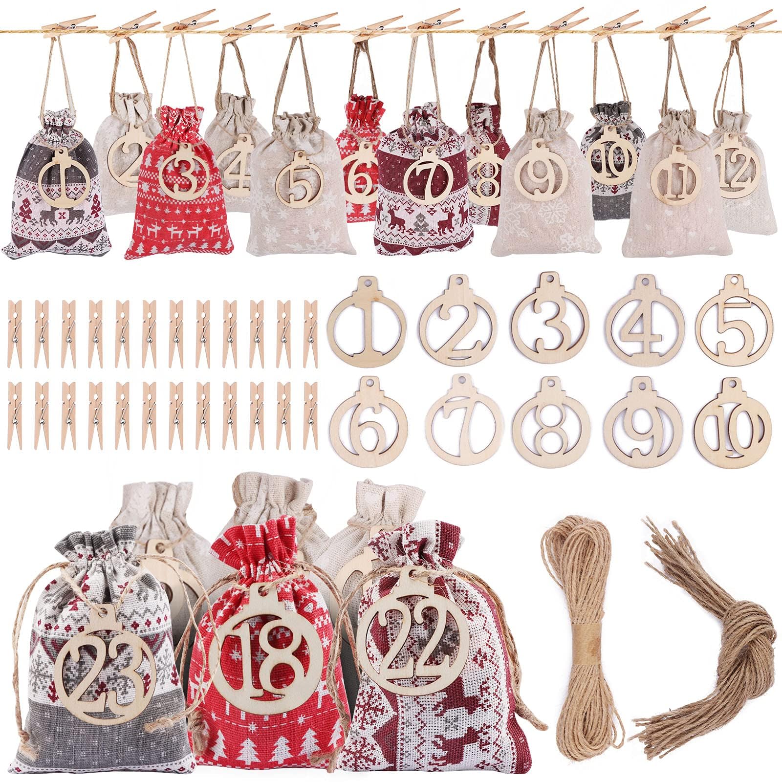 Kalolary Christmas Advent Calendar Bags 24 Days Countdown Calendar Burlap Bags Drawstring Gift Bags for Adults and Kids DIY Cand