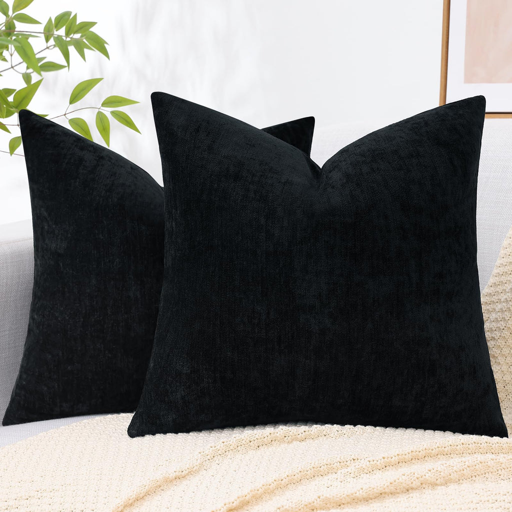 Decoruhome Couch Throw Pillow Covers 18X18 Set Of 2, Decorative Soft Chenille Solid Dyed Pillow Covers For Sofa Bed Living Room, Black