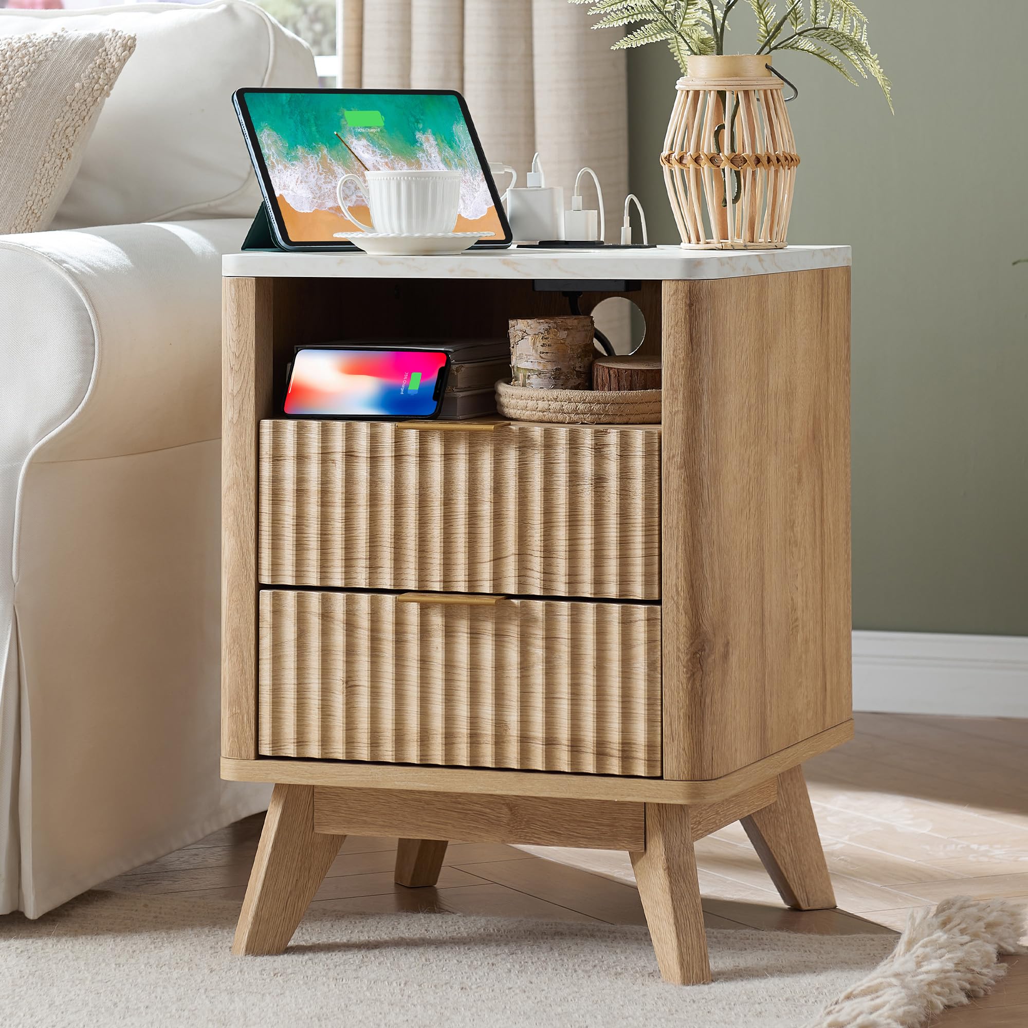 T4TREAM Fluted Nightstand with Charging Station, 18'' Modern Side Table with Faux Marble Top, 2 Drawers End Table w/Storage, Bed