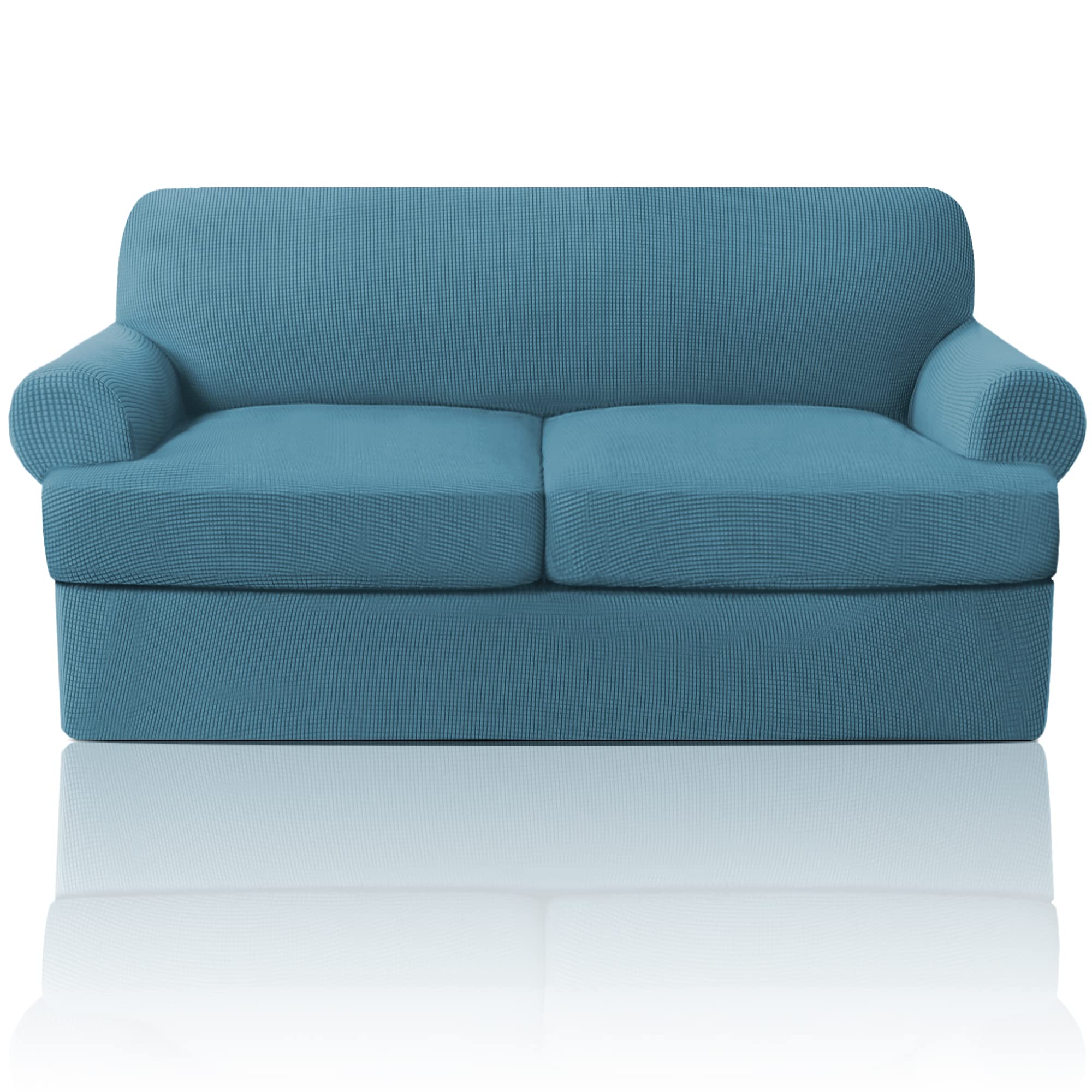 Princedeco T Cushion Loveseat Slipcover 3 Pieces Sofa Covers For T Cushion Sofa Stretch Sofa Covers For 2 Cushion Couch With 2 Individual T Cushion Shape Seat Covers Machine Washable, Storm Blue