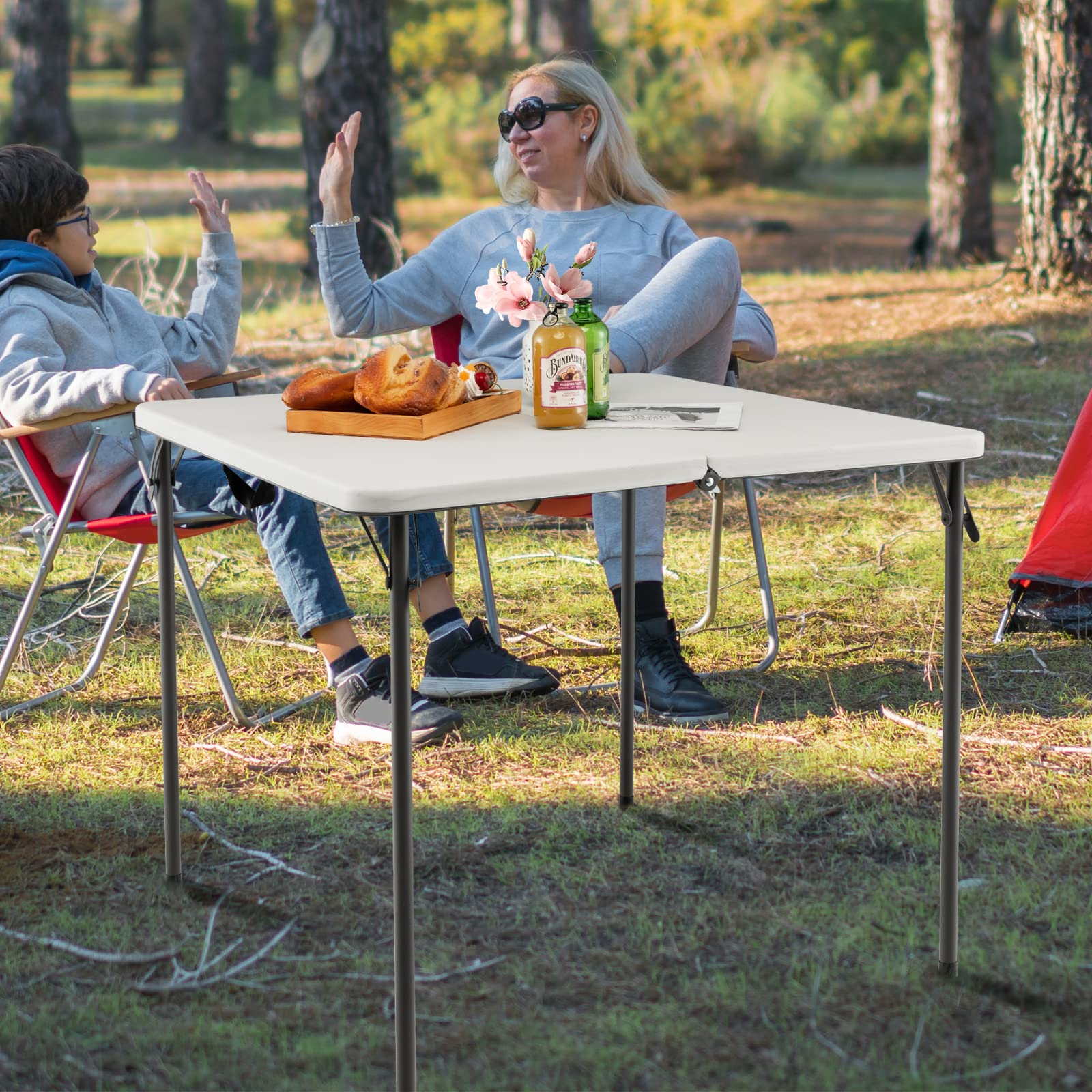 Goplus 34' Square Folding Card Table, Foldable Plastic Folding Tables, Portable Fold Up Table W/Handle, White Indoor Outdoor Utility Bi-Folding Commercial Table For Picnic, Party, Dining, Camping, Bbq
