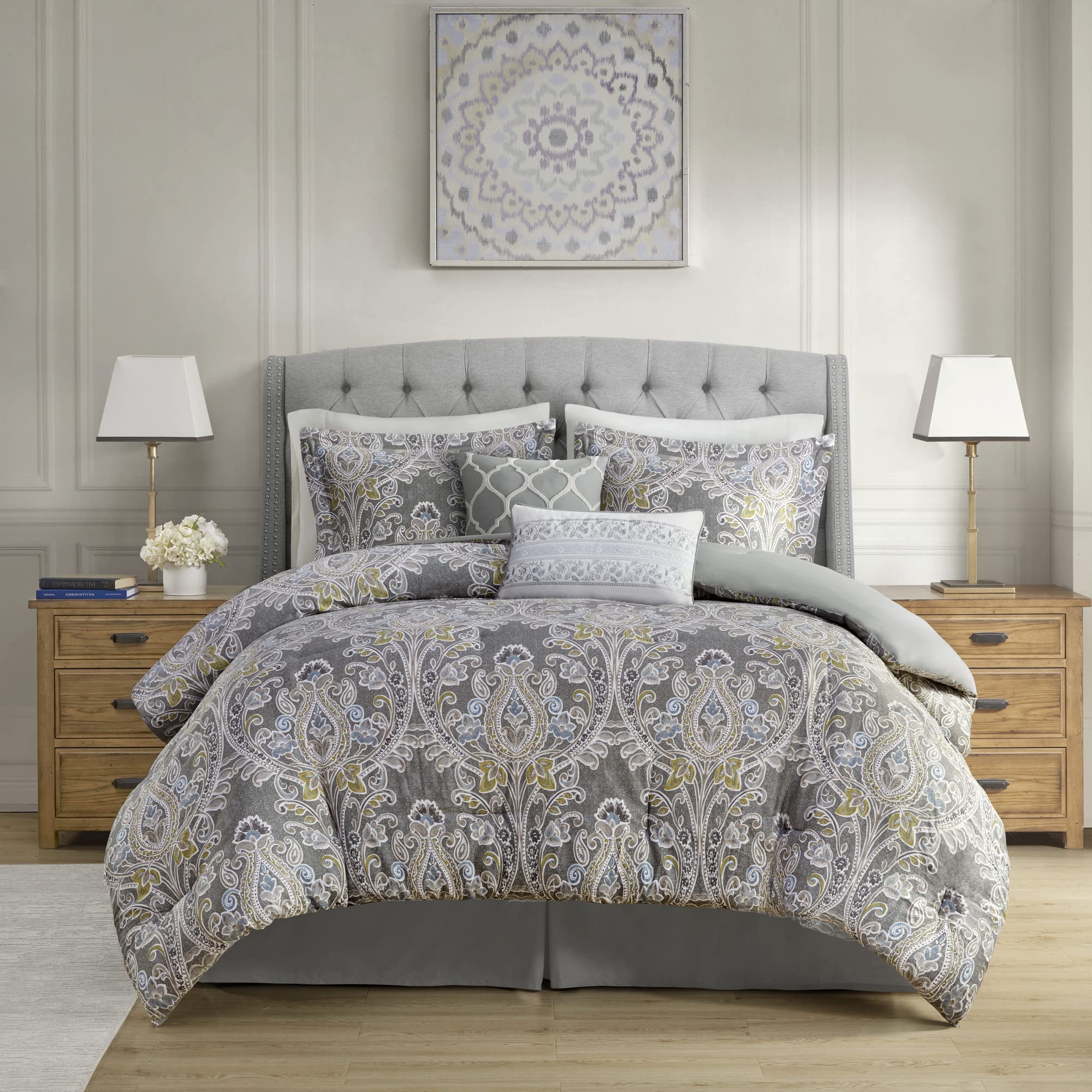 Harbor House Cozy Cotton Comforter Set - Classic Modern Design, All Season Down Alternative Casual Bedding, Matching Shams, Hallie, Damask Grey King(110'X96') 6 Piece
