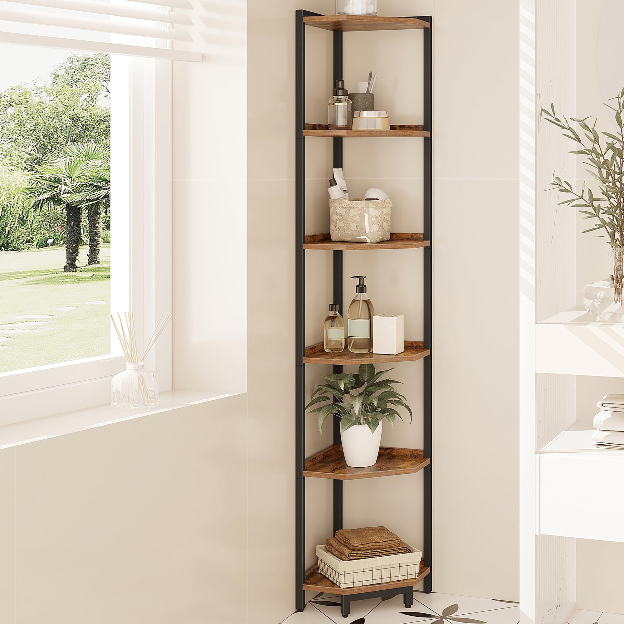 Hzuaneri Corner Shelf Stand, Corner Bookshelf, Storage Standing Shelf Unit With Metal Frame, Plant Stand, Corner Bookcase For Living Room, Home Office, Bedroom, 6-Tier Rustic Brown Cs06001B
