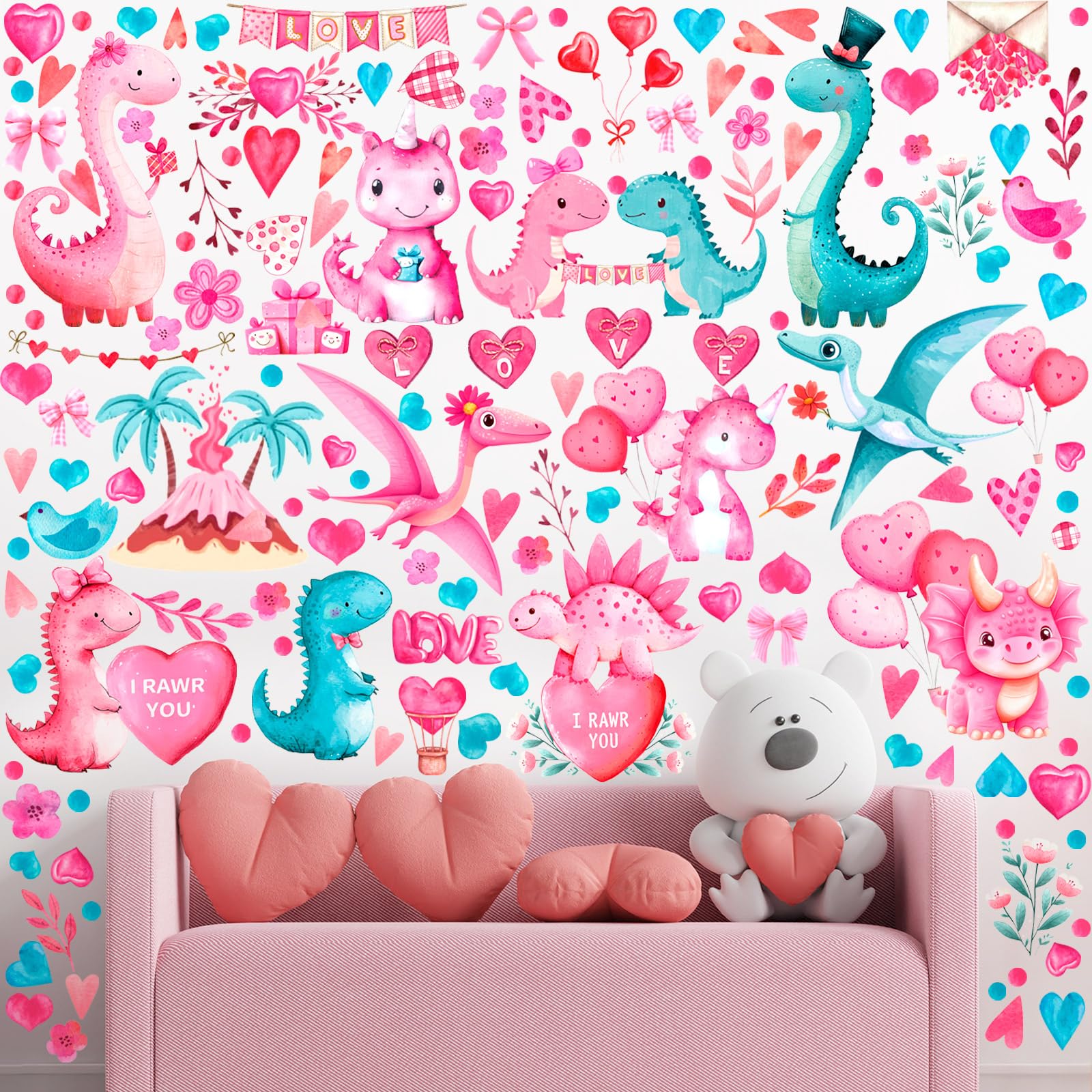 Haull 214 Pcs Valentines Day Wall Decals Love Heart Dinosaur Wall Stickers Red Pink Heart Window Sticker Wedding Anniversary Ro