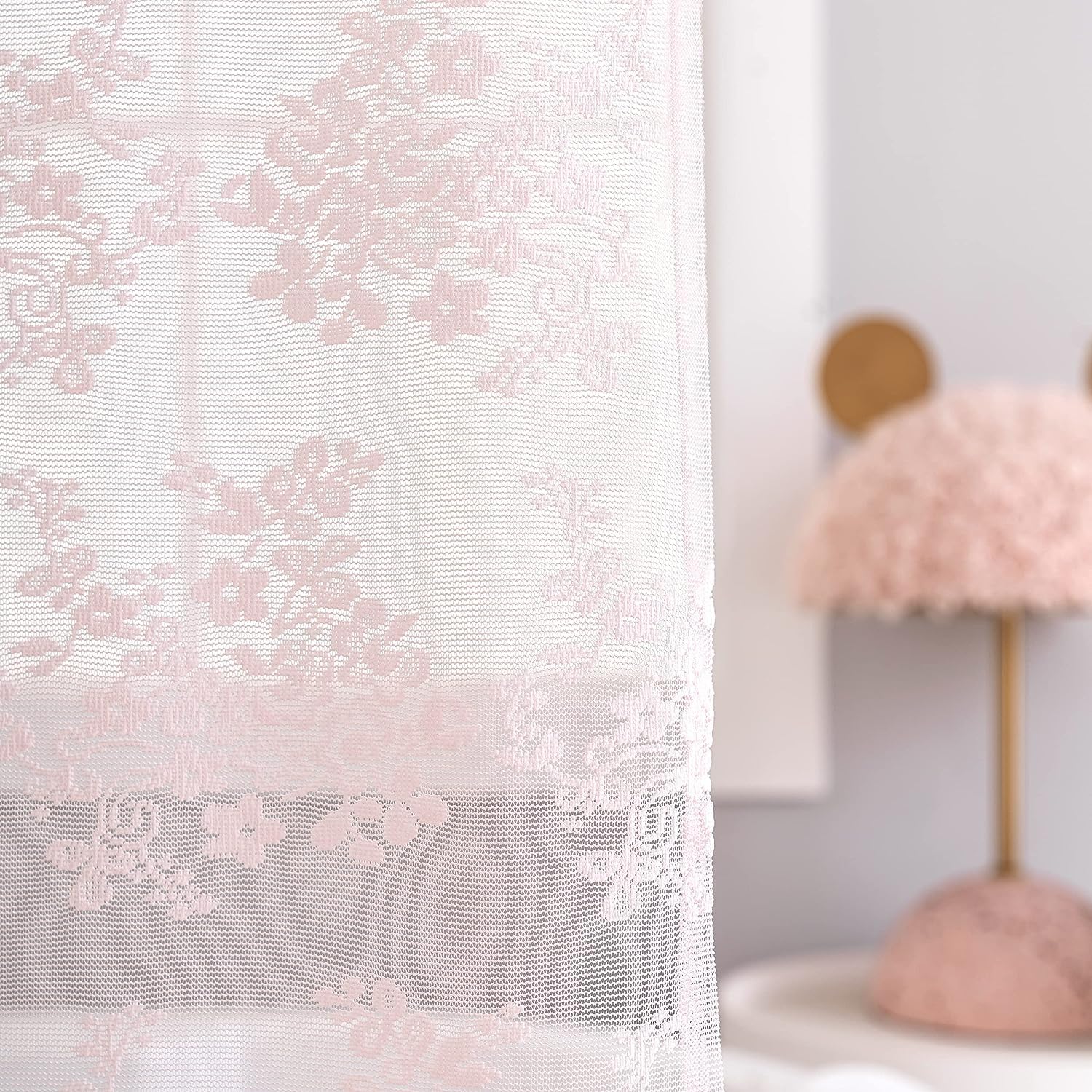 Tudeco Pink Long Shower Curtain 84 Inches Length With Attached Valance, Spring Floral Lace Shower Curtain For Bathroom Cute Girl