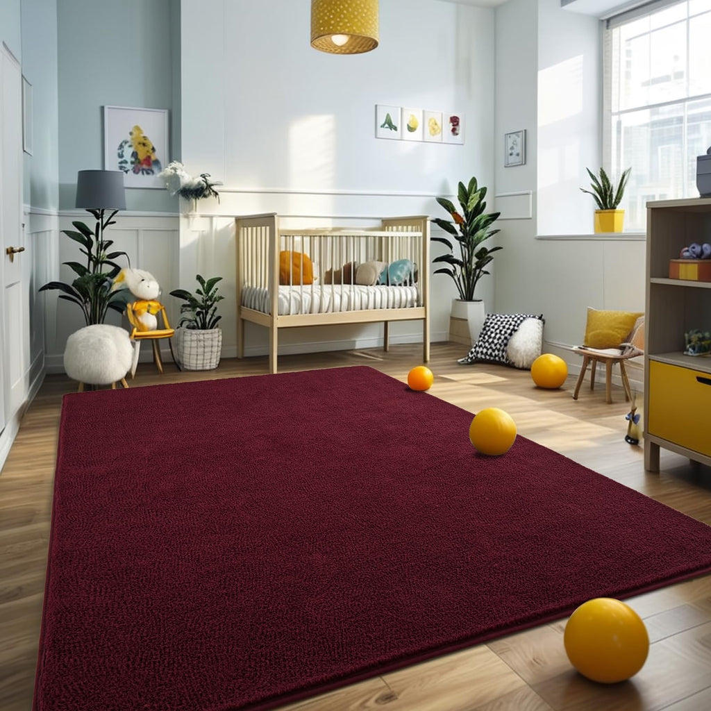 Larhom Modern Soft Area Rugs Memory-Foam Bedroom Carpet, 4X6 Feet Burgundy Red Carpet For Boys Girls Living Room, Dorm Nursery D