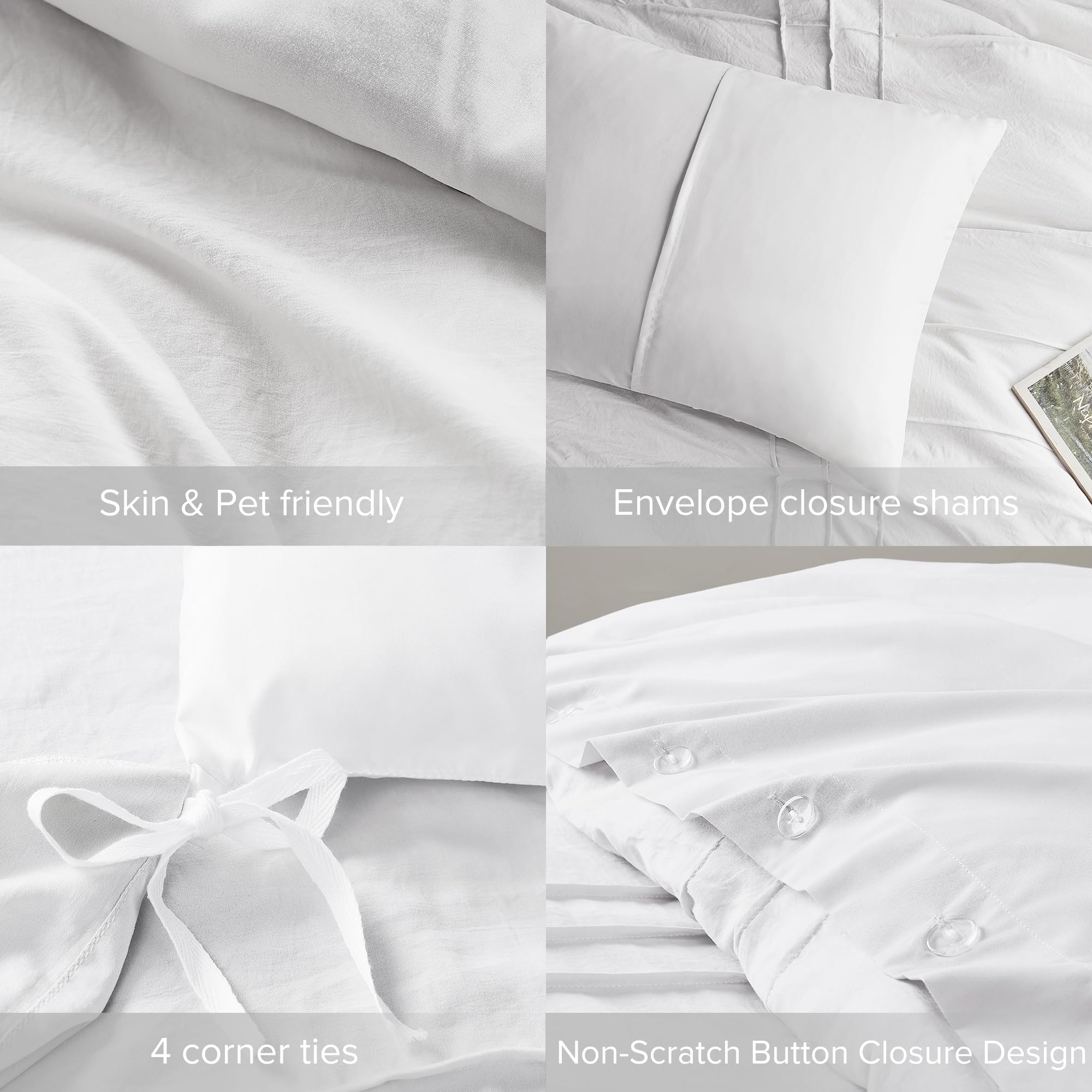 Comfort Spaces White Queen Size Duvet Cover Set - 3 Pieces Pintuck Pleated Duvet Cover Queen, All Season Lightweight, Extra Softness Pre-Washed Microfiber Queen Bedding Cover Shams, Full/Queen
